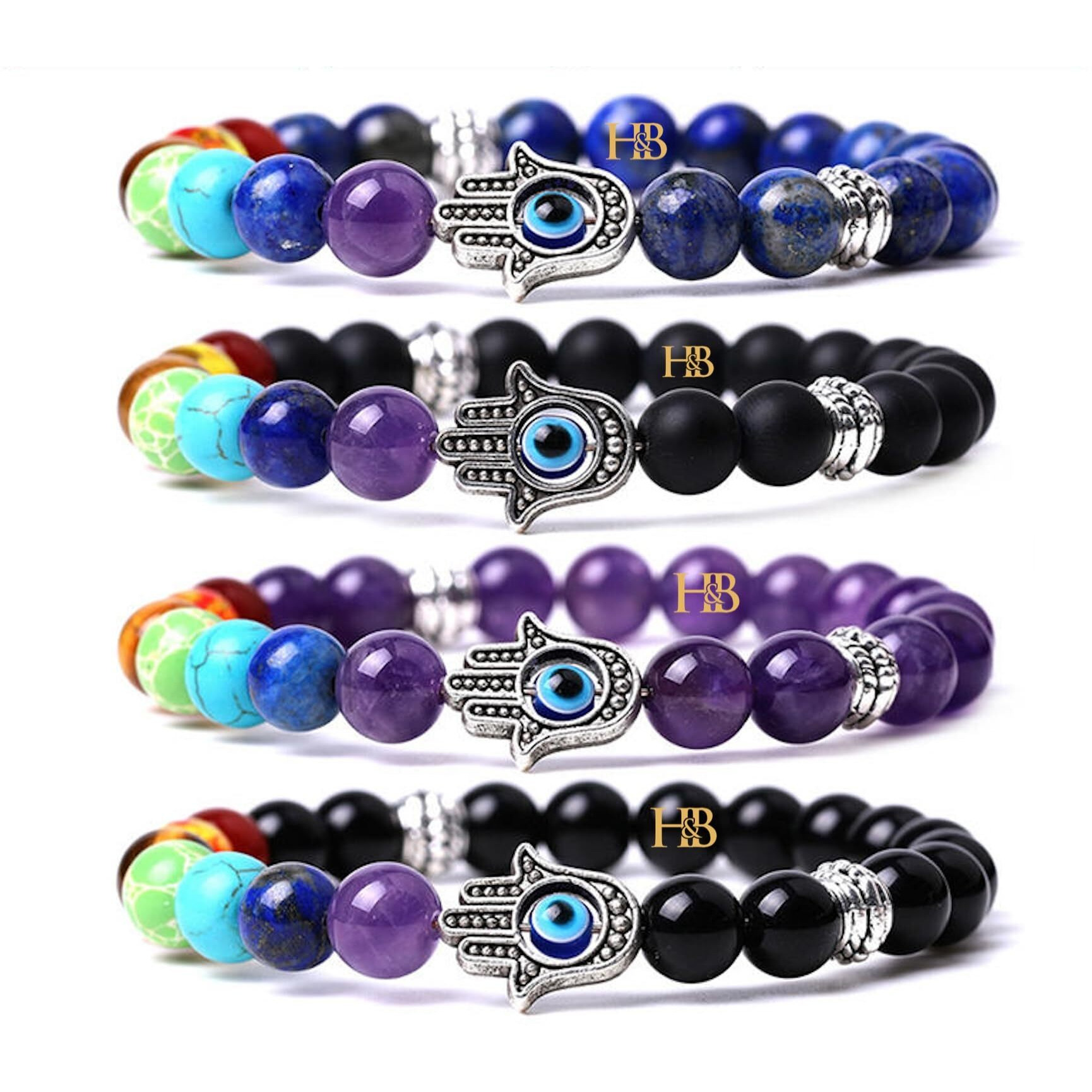 Natural Gemstone Combo Beads Bracelet Set with Certificate - Stylish, Trendy, Latest Fashion Jewelry. (Mystic Blend Bracelet with Hamsa Hand and Evil Eye)