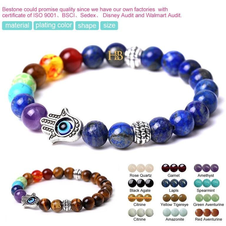 Natural Gemstone Combo Beads Bracelet Set with Certificate - Stylish, Trendy, Latest Fashion Jewelry. (Mystic Blend Bracelet with Hamsa Hand and Evil Eye)