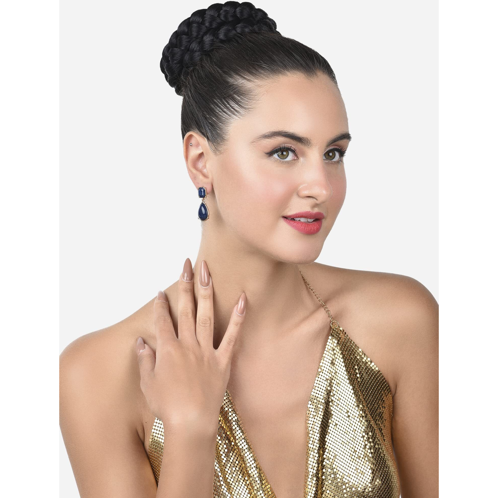 Zaveri Pearls Blue Stones Embellished Contemporary Yellow Gold Drop Earring For Women-ZPFK15157