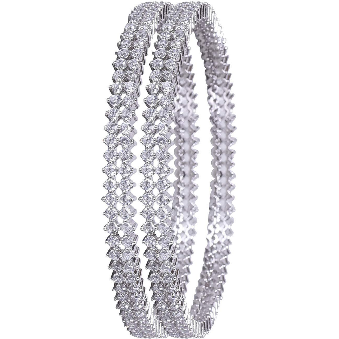 Ratnavali Jewels American Diamond Silver Plated White Solitatire Two Line CZ/Diamond Bangles for Women/Girls RV3199W-2.8