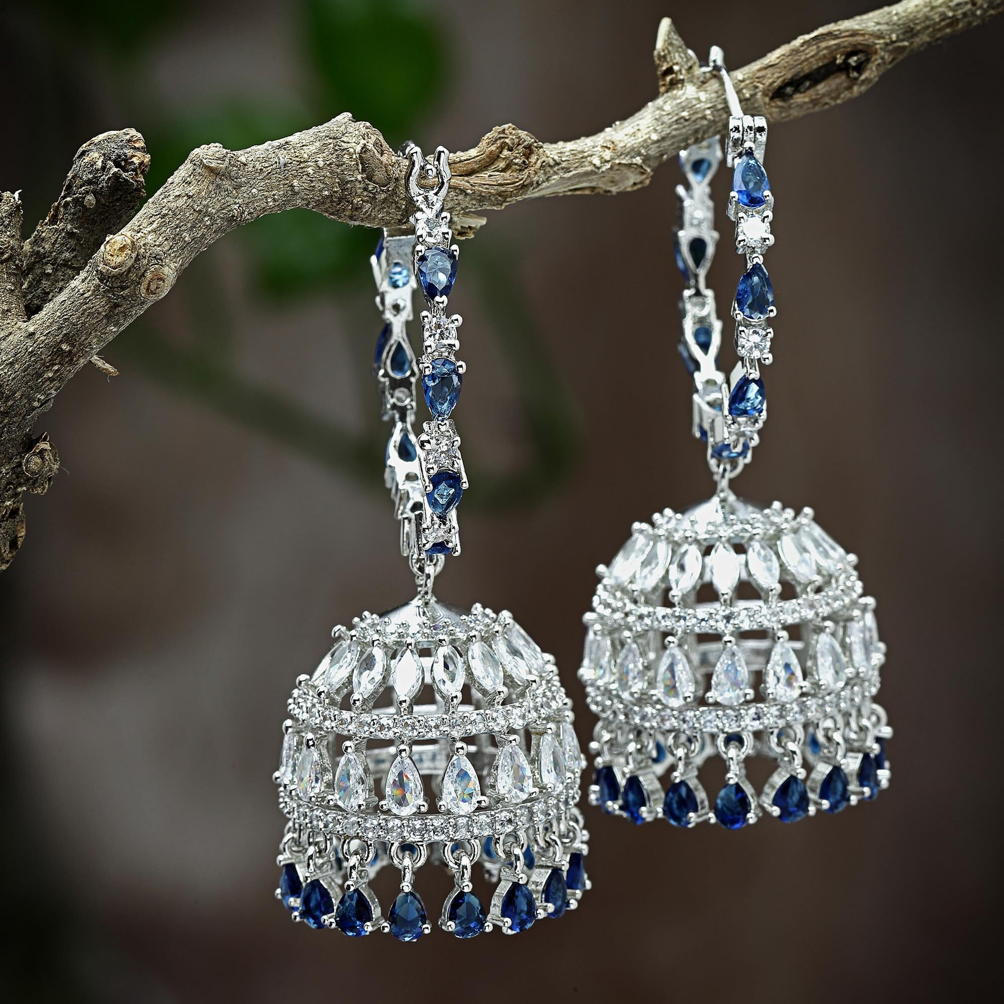 Zeneme American Diamond CZ Fashion Jewellery Traditional Ethnic Jhumka Earrings for Women And Girls (Silver Blue)