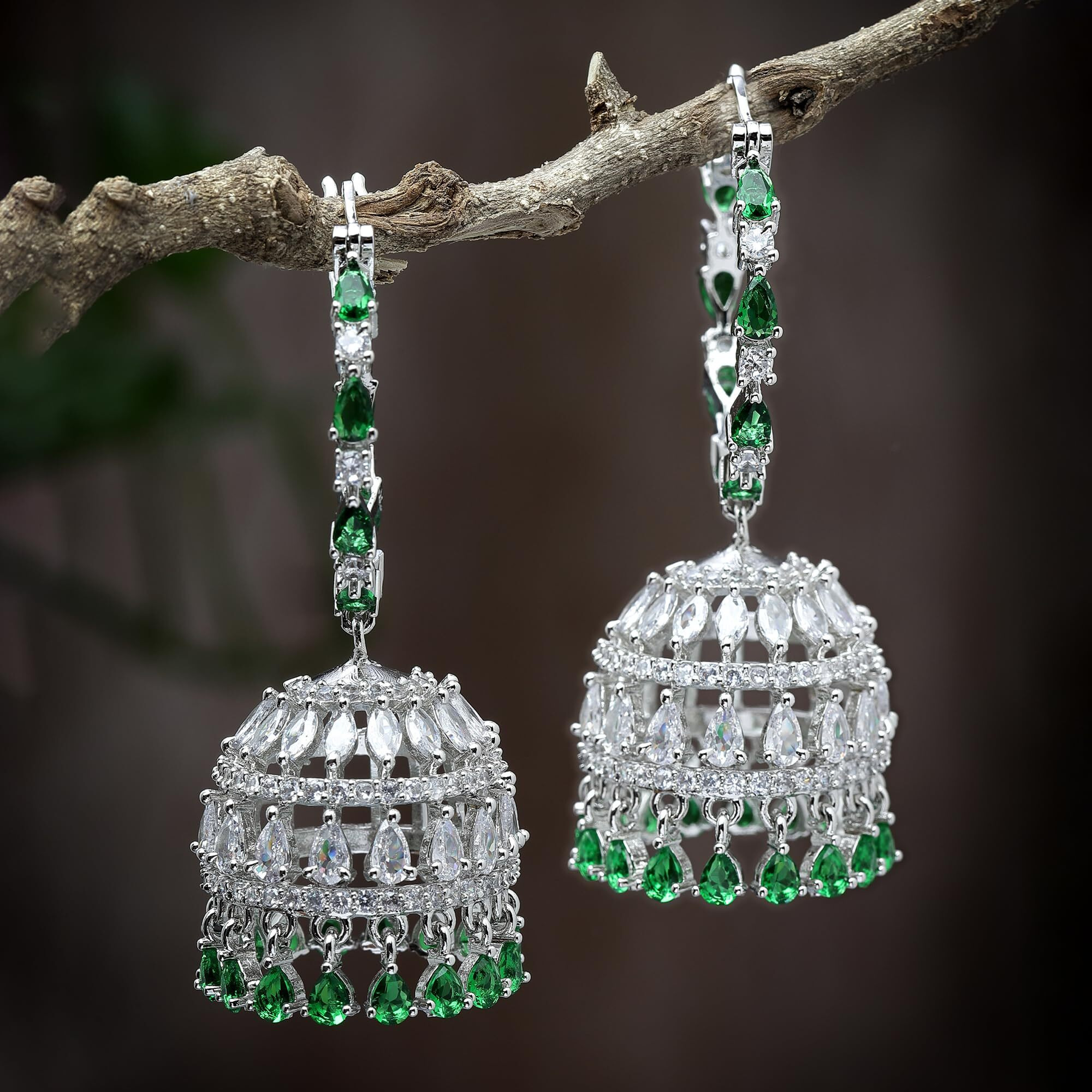 Zeneme American Diamond CZ Fashion Jewellery Traditional Ethnic Jhumka Earrings for Women And Girls (Silver Green)