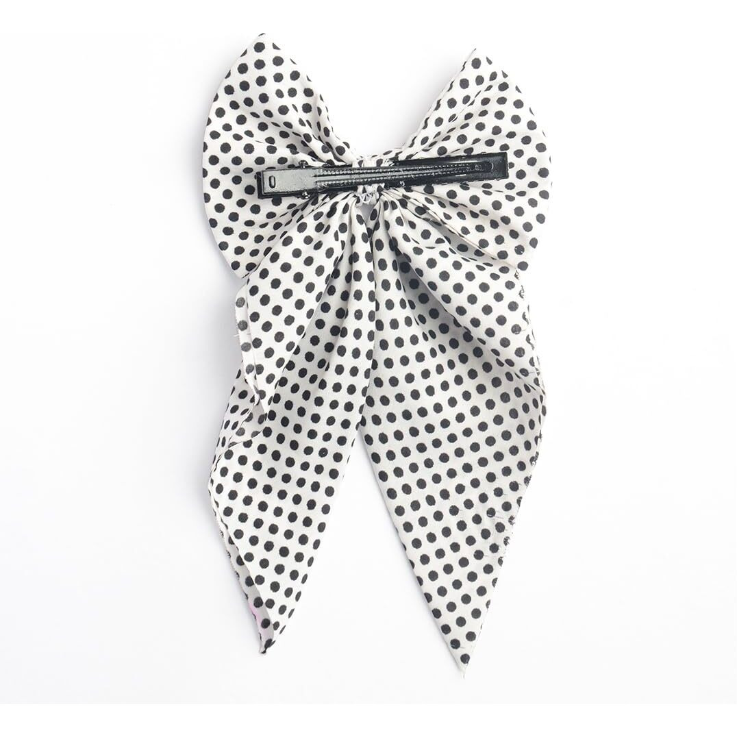 Radhu & Kabby Hair Bow for Women/Girls | Polka Print Hair Bow Clip | Fancy & Stylish Hair Accessories | Anti-Hair Breakage | White Color | 1 Pcs