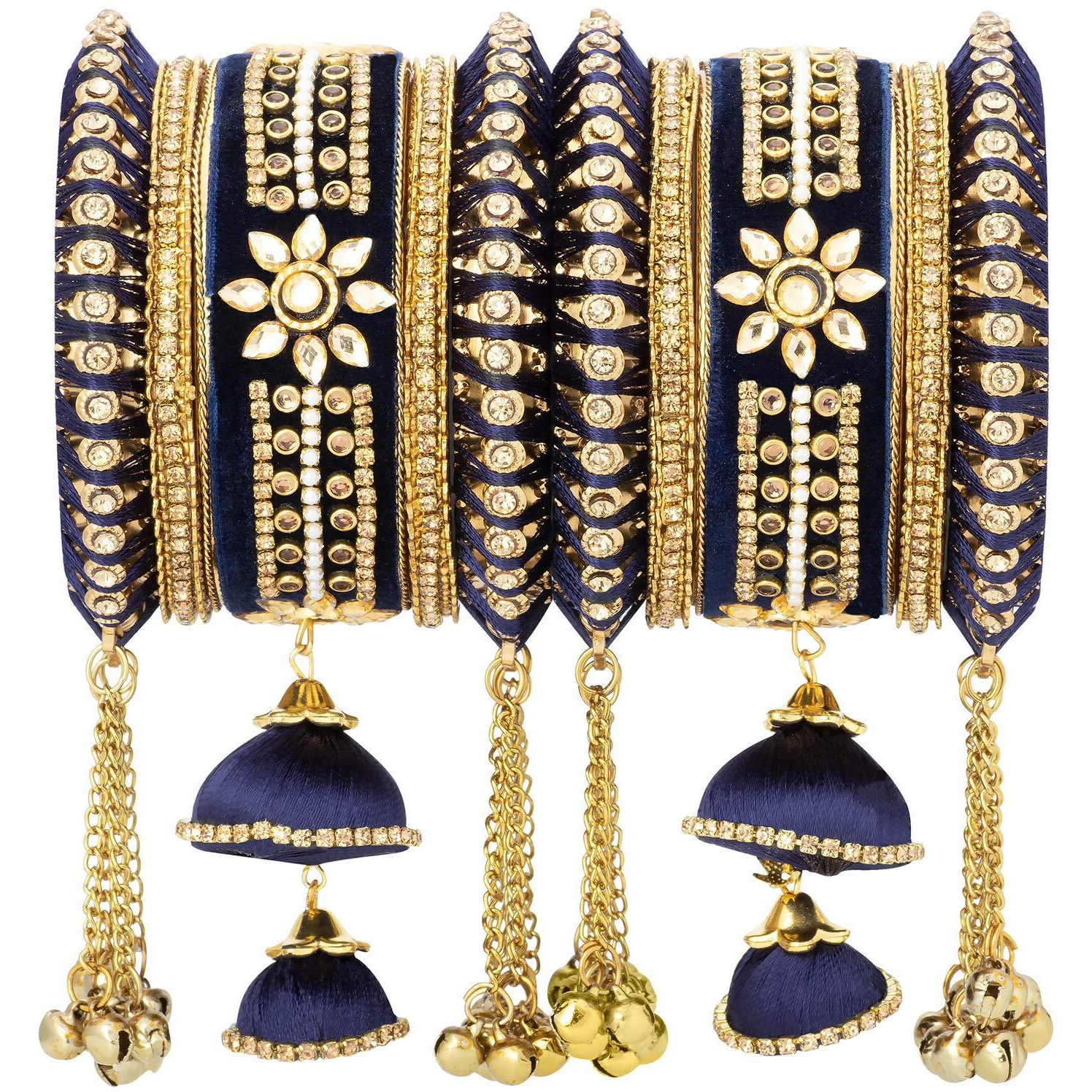 Peora Velvet Matching Kundan Floral Silk Thread Chura Bangle Set for Women (2.6 inch) (Blue)
