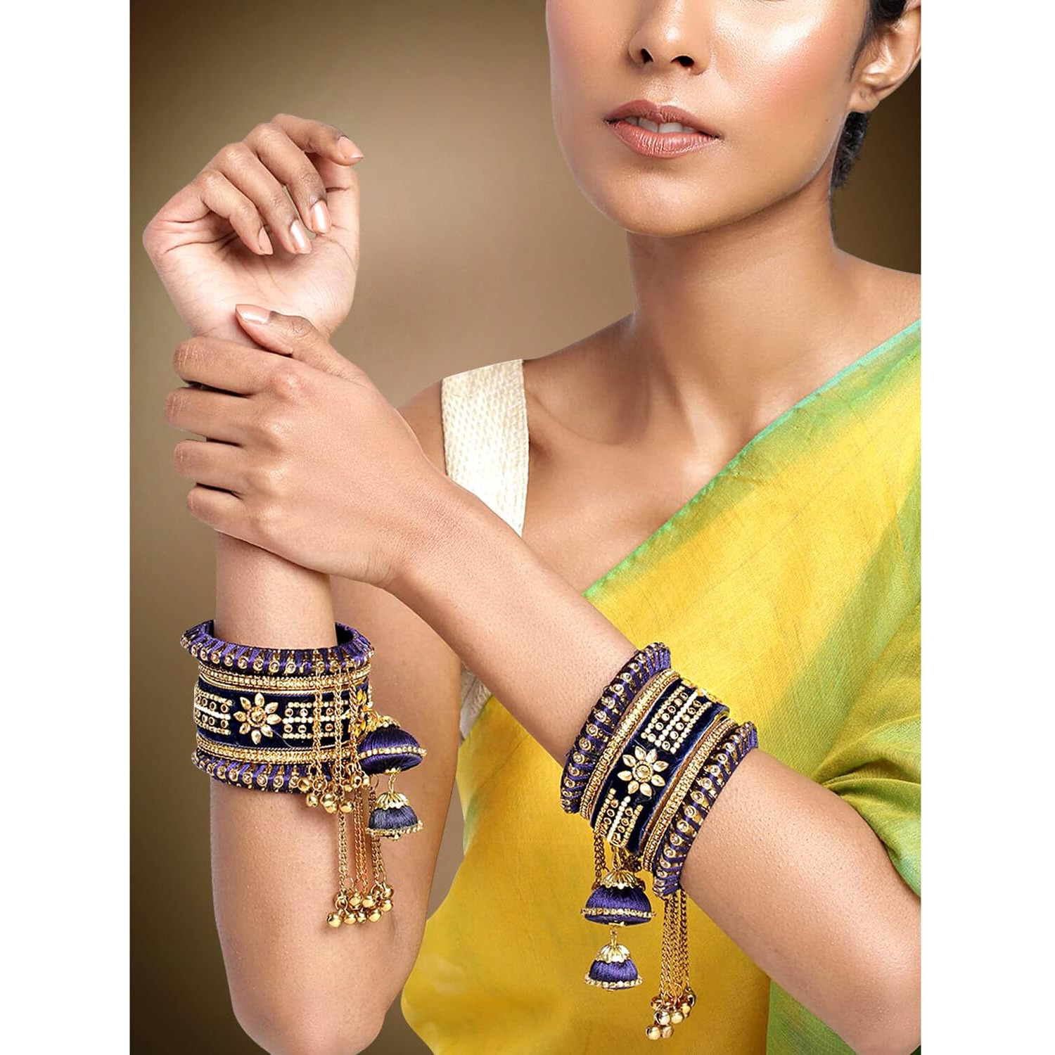Peora Velvet Matching Kundan Floral Silk Thread Chura Bangle Set for Women (2.6 inch) (Blue)