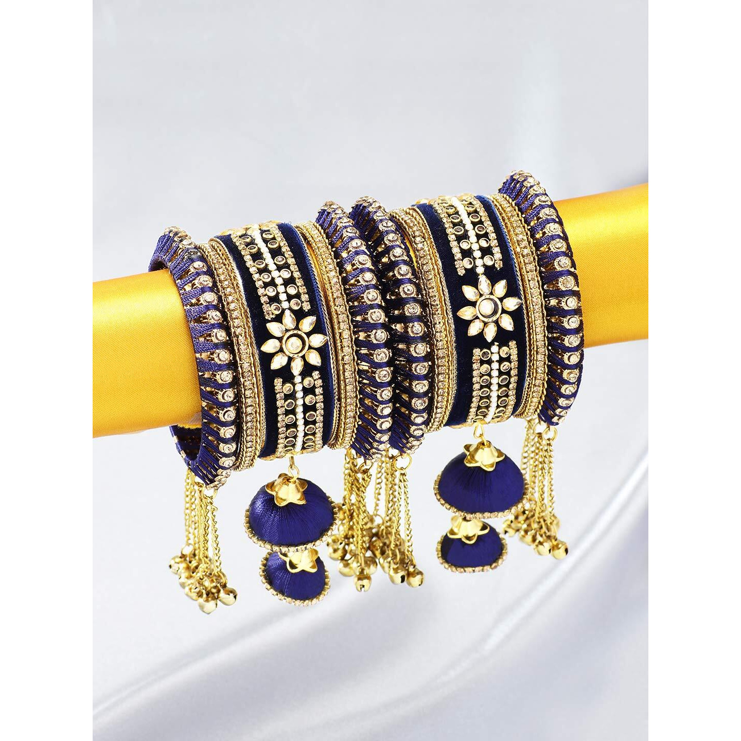 Peora Velvet Matching Kundan Floral Silk Thread Chura Bangle Set for Women (2.6 inch) (Blue)
