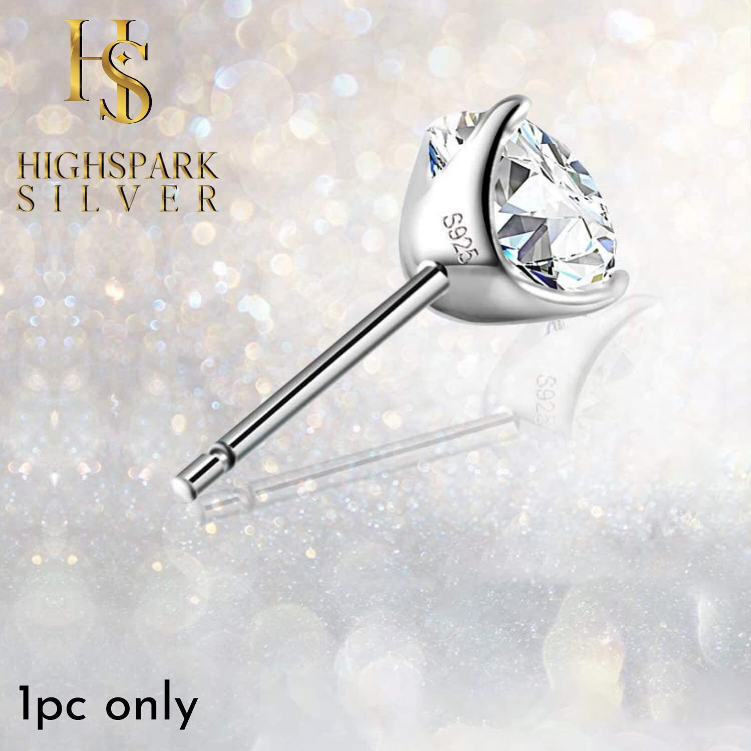 HIGHSPARK 925 Silver Mens Sparkling Martini Solitaire Stud Earring | 92.5 Sterling Silver and Diamond like Brilliance Sparkling Zirconia | Single Stud for Men | Lovely Gift - Silver 8mm