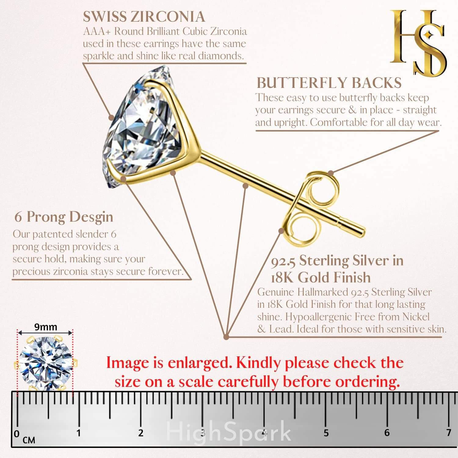 HIGHSPARK 925 Silver Solitaire Stud Earrings in Gold Finish| 92.5 Sterling Silver & Round Brilliant Cubic Zirconia Tops for Men Women Boys & Girls | Gold 9mm