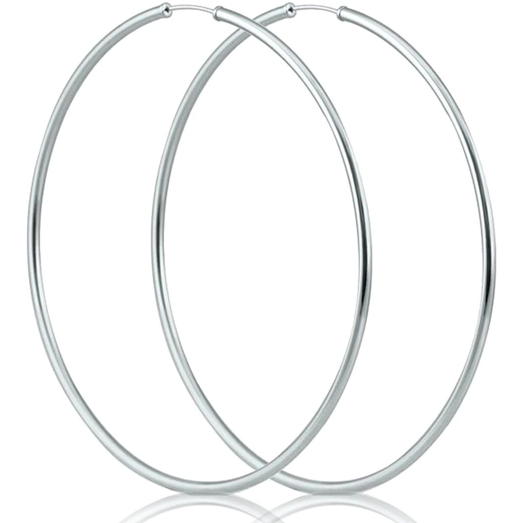 SIVYAA Pure 925 Sterling Silver Plain Round Hoop Bali Earrings for Women Men Boys & Girls, Diameter 60mm Extra Large
