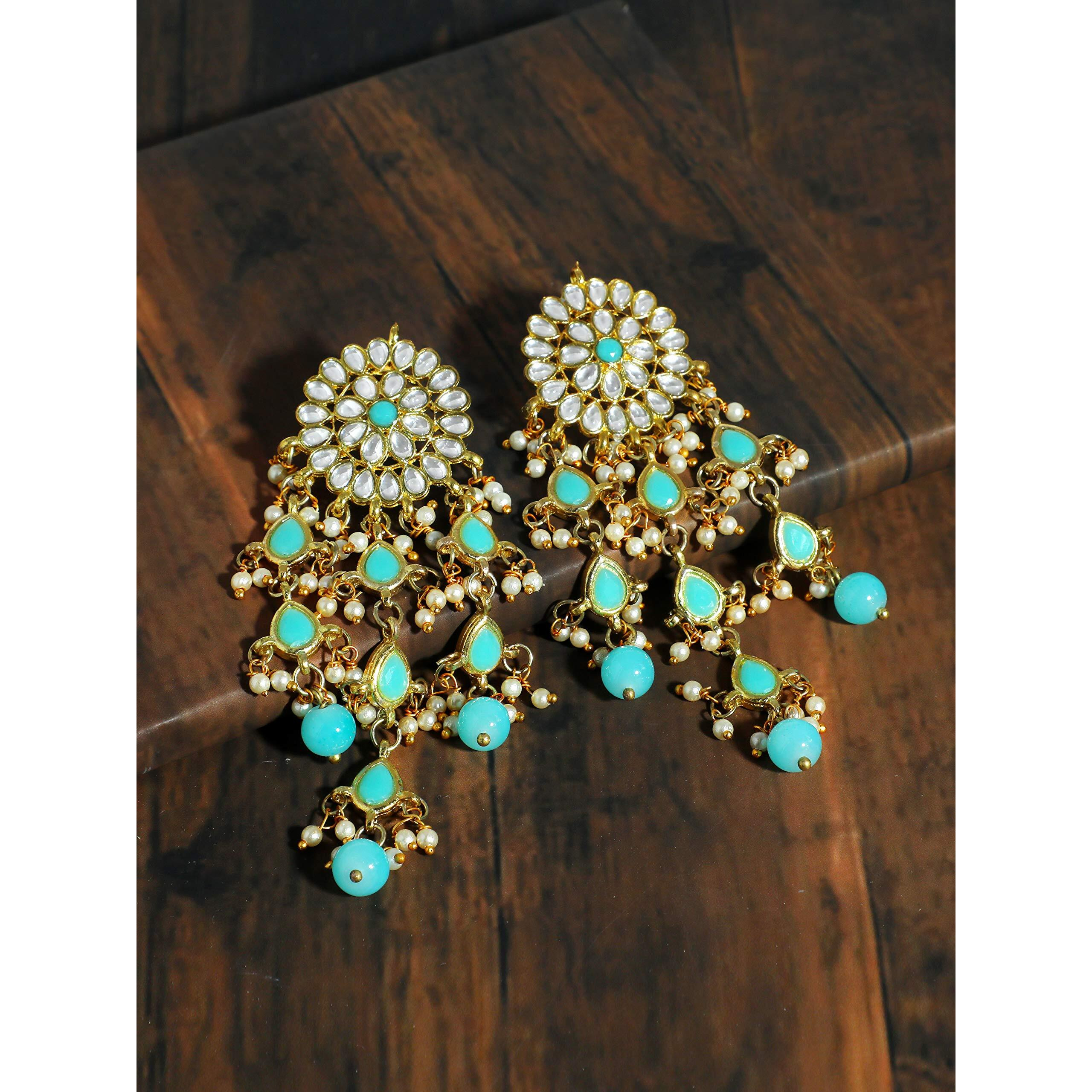 Karatcart Gold Plated Kundan Tassel Earrings for Women (Mint Blue)