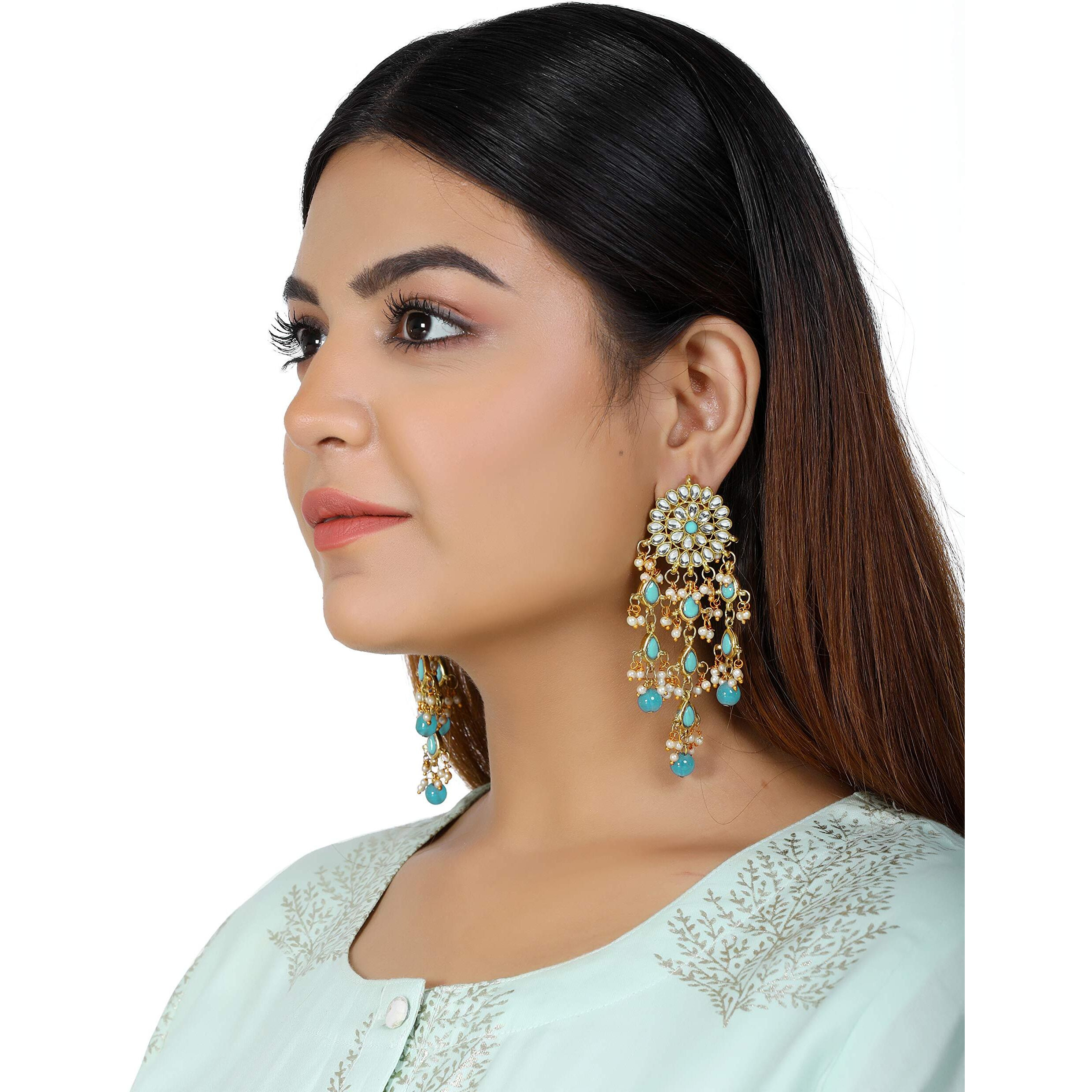 Karatcart Gold Plated Kundan Tassel Earrings for Women (Mint Blue)