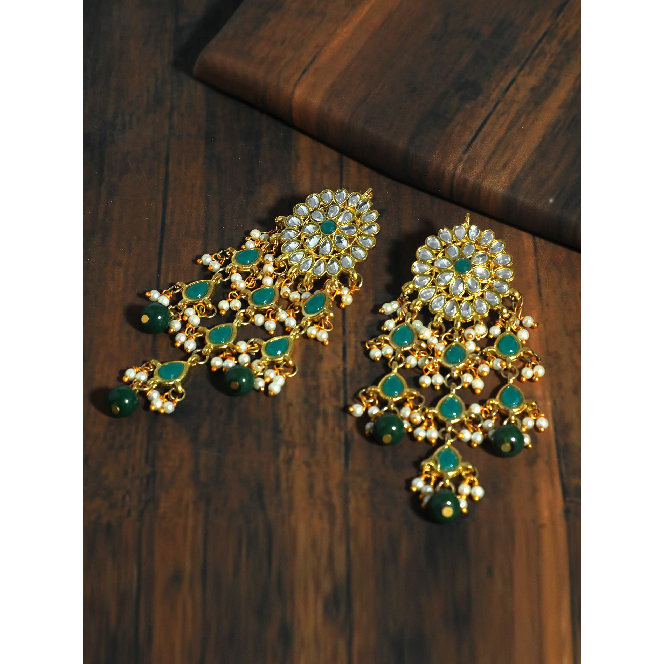 Karatcart Gold Plated Kundan Tassel Earrings for Women (Dark Green)
