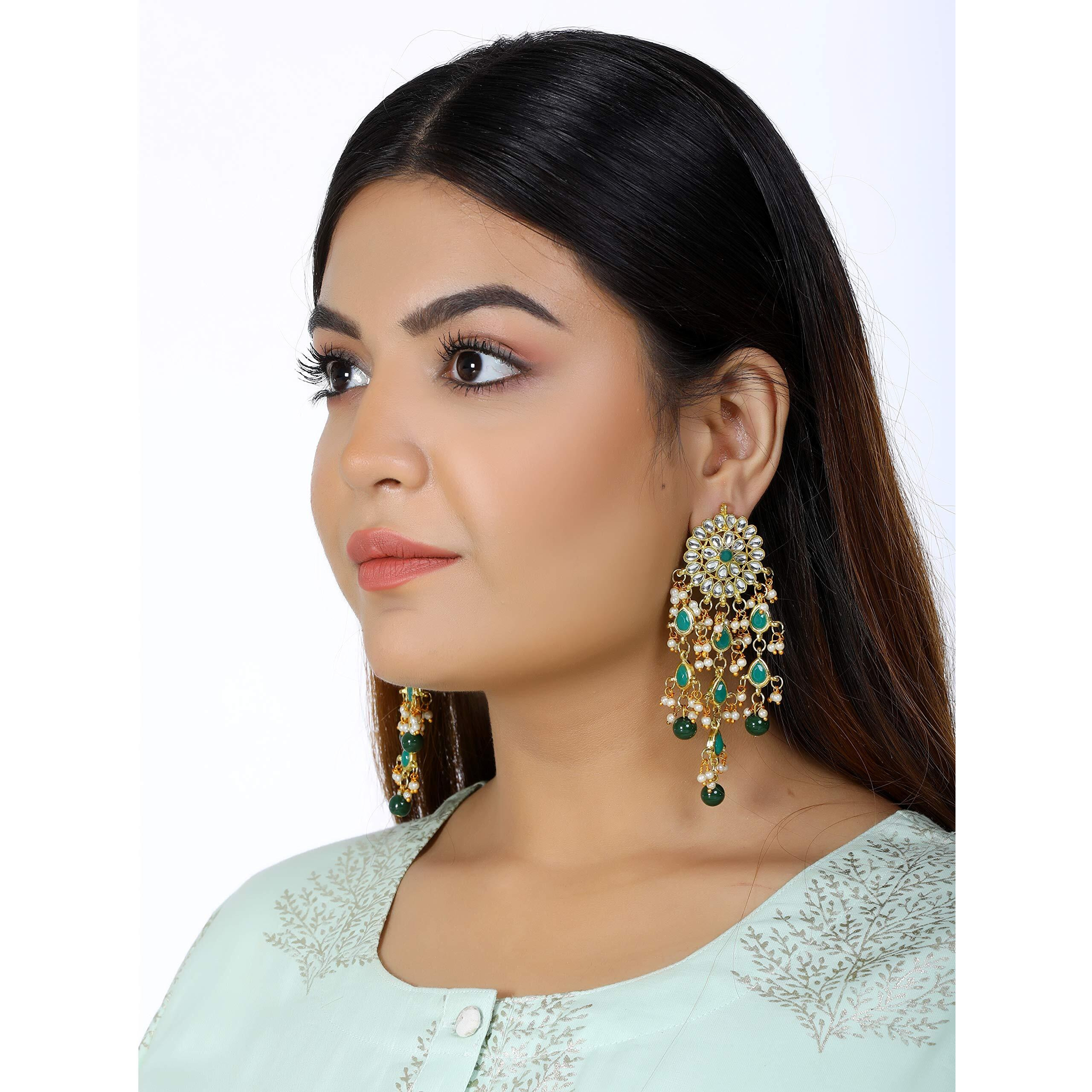 Karatcart Gold Plated Kundan Tassel Earrings for Women (Dark Green)