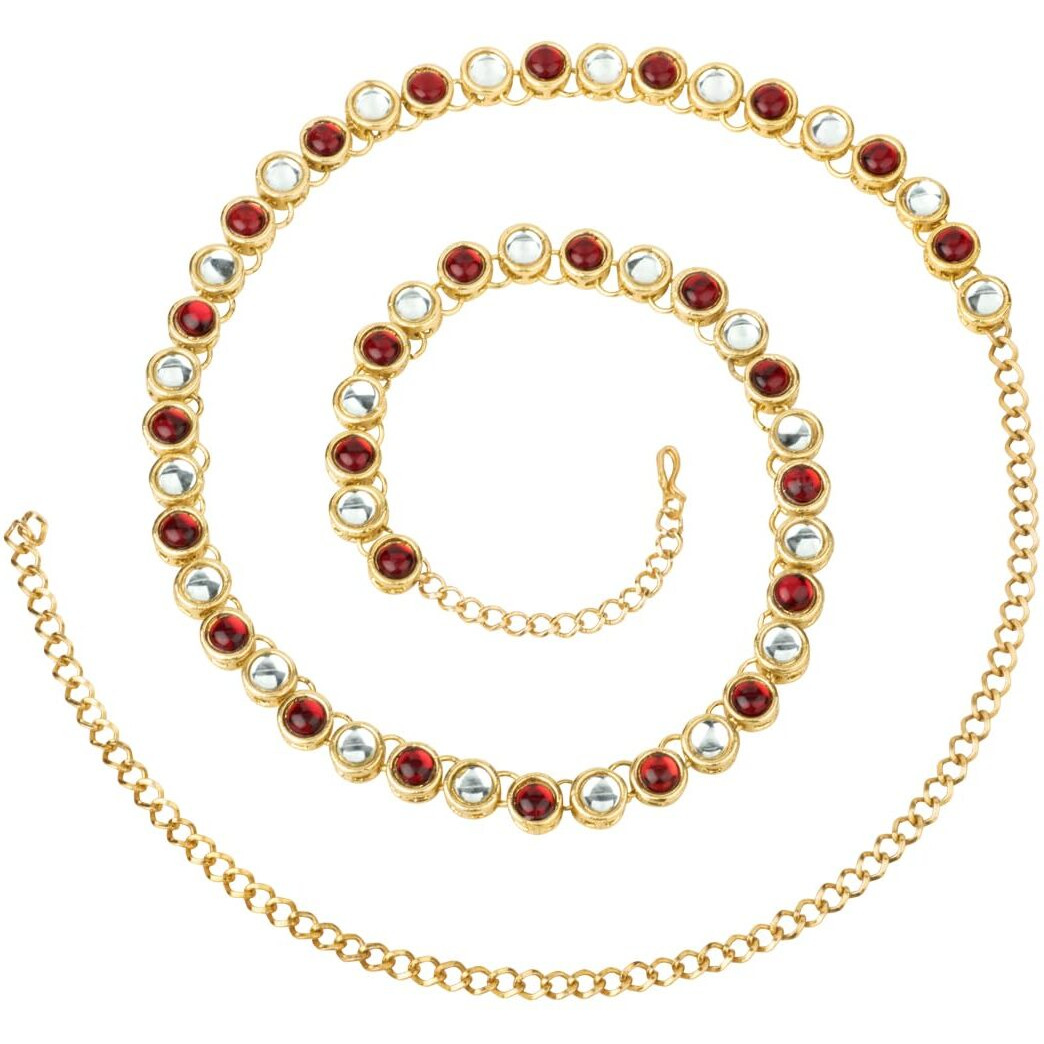 Peora Traditional Jewellery 18K Gold Plated Maroon Kundan Waist Belt Kamarband Belly Chain for Women Girls