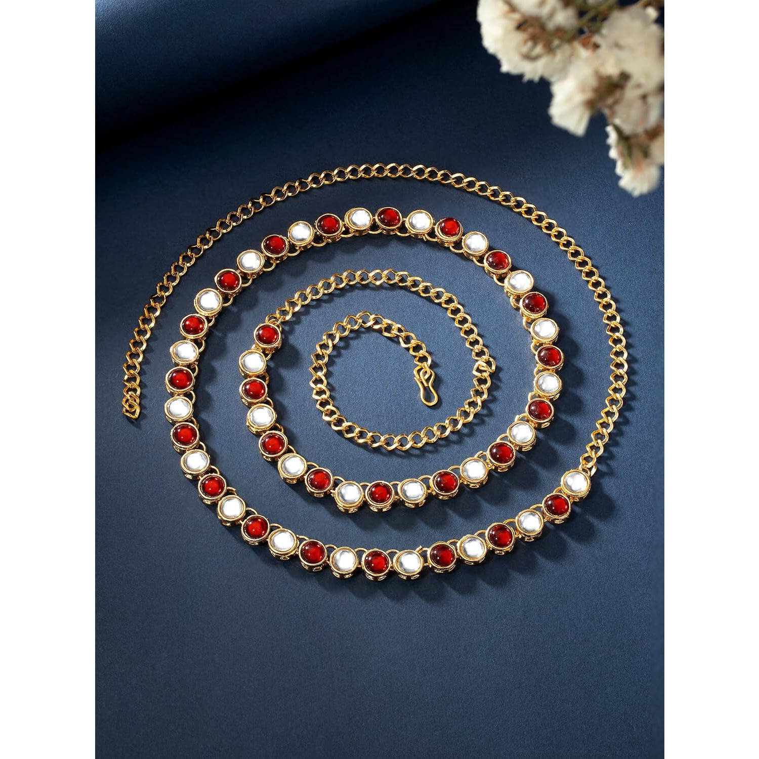 Peora Traditional Jewellery 18K Gold Plated Maroon Kundan Waist Belt Kamarband Belly Chain for Women Girls