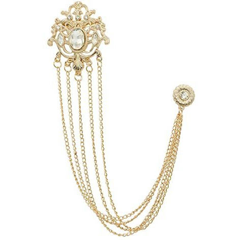 Adorn 5 Layers Floral Chain Brooch with Glittering White Rhinestone Sherwani/Kurta Brooch fro Mens (B1940W)