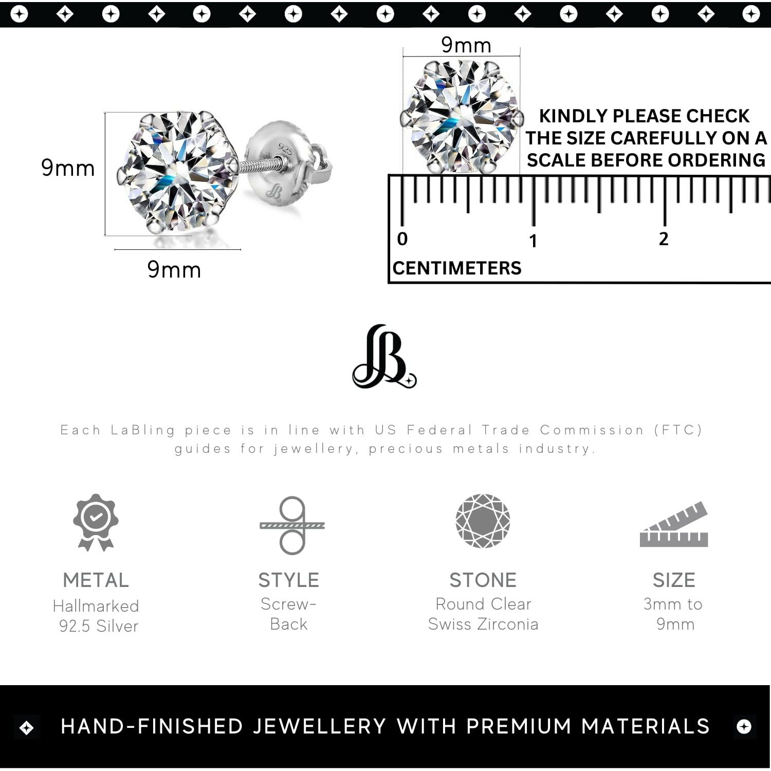 LaBling 925 Sterling Silver Screwback Stud Earrings Round Brilliant Cut Zirconia Tops for Men, Women - Silver 9mm