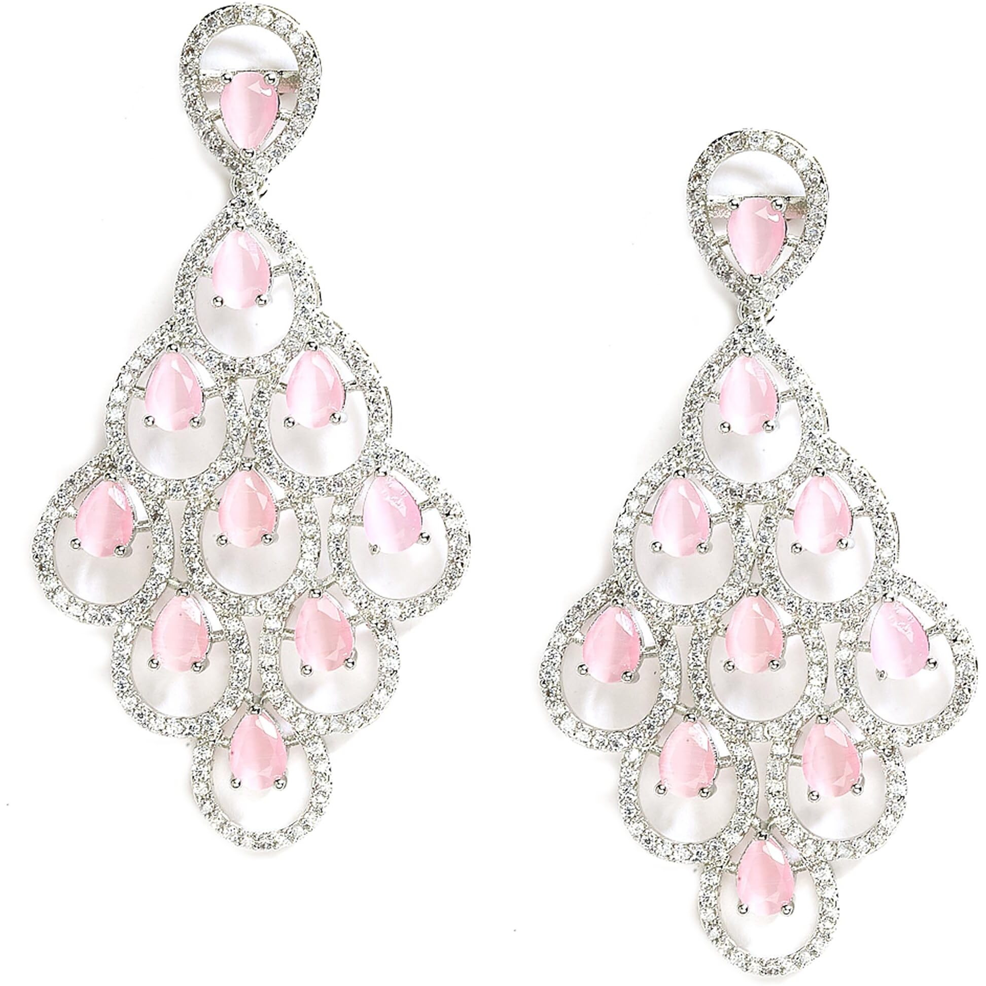 Zeneme Rhodium Plated Silver Toned American Diamond Studded Contemporary Drop Earrings Jewellery (Pink) For womens