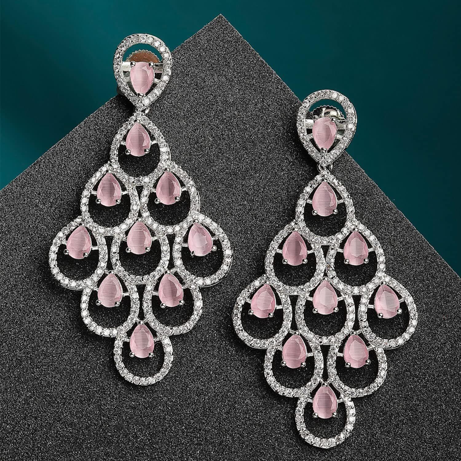 Zeneme Rhodium Plated Silver Toned American Diamond Studded Contemporary Drop Earrings Jewellery (Pink) For womens