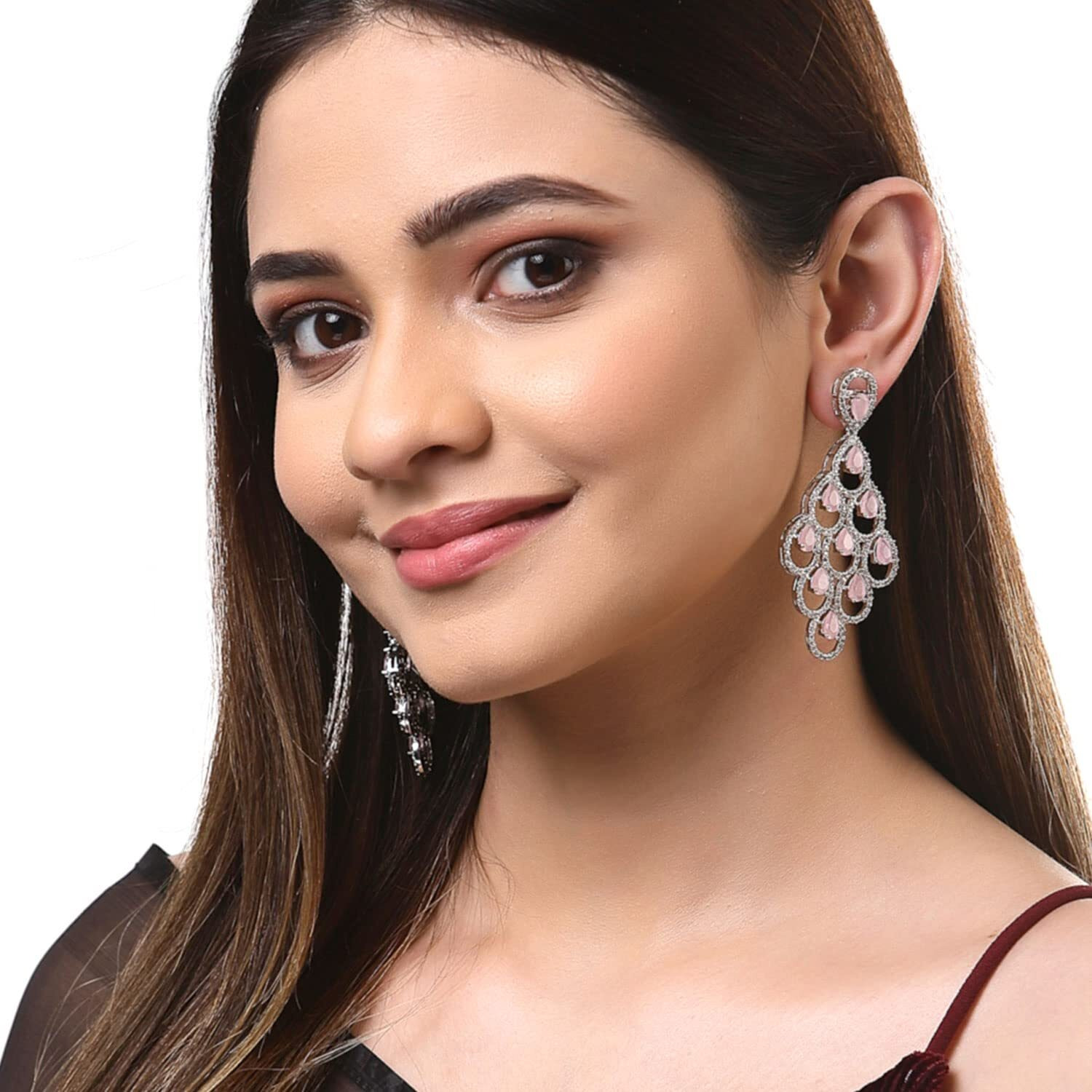 Zeneme Rhodium Plated Silver Toned American Diamond Studded Contemporary Drop Earrings Jewellery (Pink) For womens