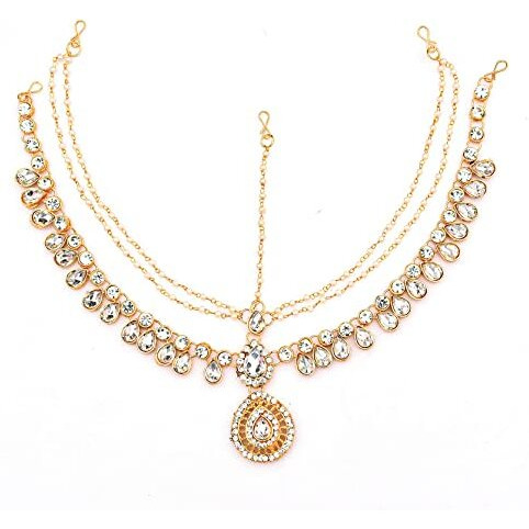 Handicraft Kottage Latest Hair Jewelry Traditional Gold Pearl Stylish Chain Mathapatti Maang Tikka Jewellery (Style17)