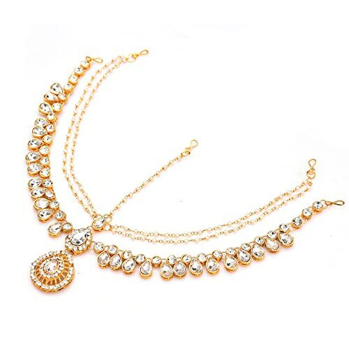 Handicraft Kottage Latest Hair Jewelry Traditional Gold Pearl Stylish Chain Mathapatti Maang Tikka Jewellery (Style17)