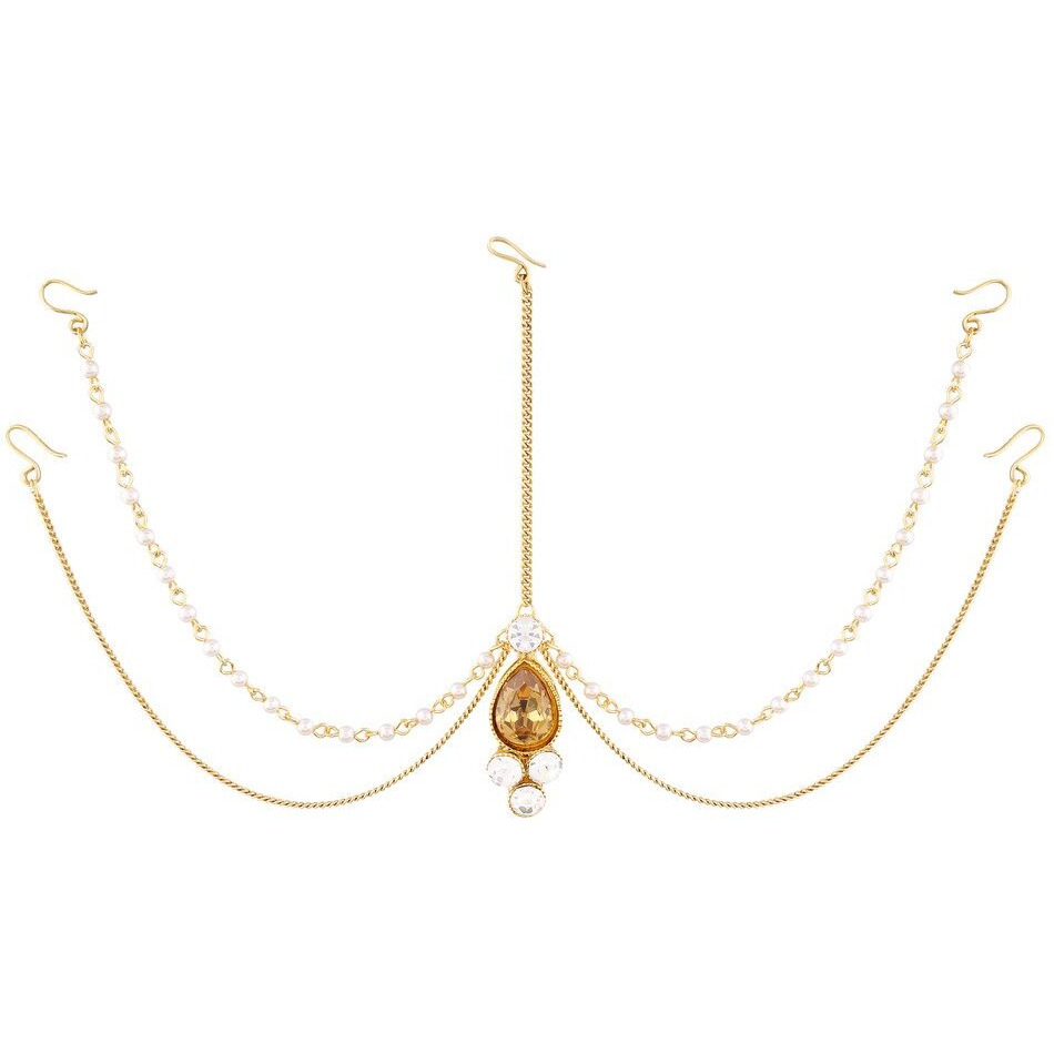 I Jewels Traditional Pearl & Stone Mathapatti Maang Tikka for Women T1083LW (Gold)