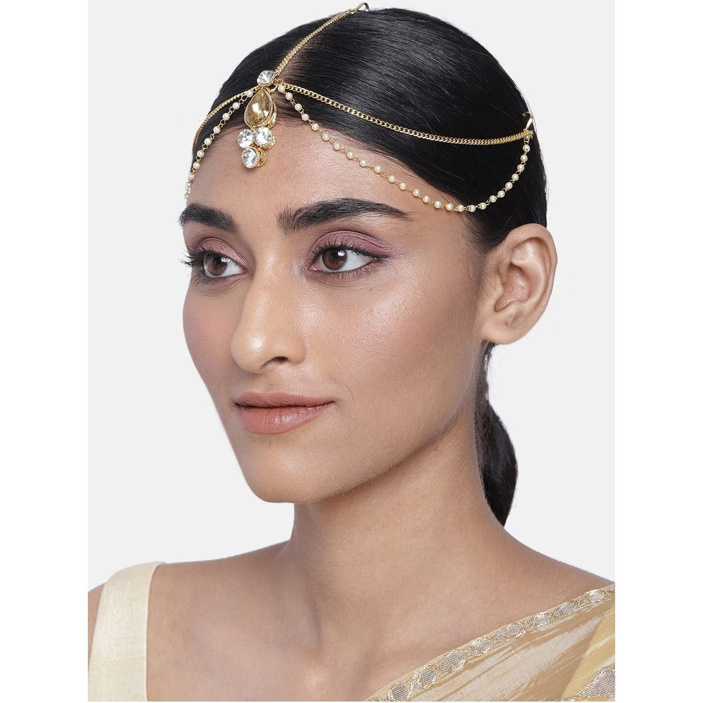 I Jewels Traditional Pearl & Stone Mathapatti Maang Tikka for Women T1083LW (Gold)