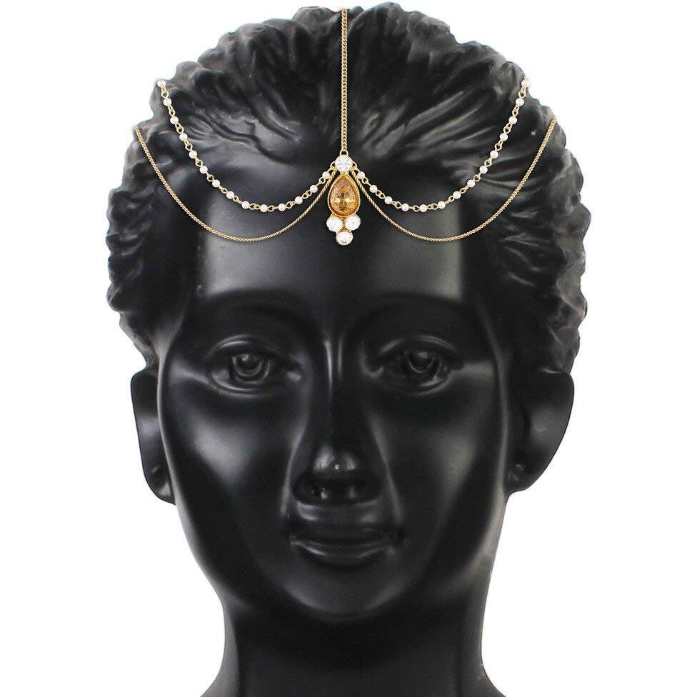 I Jewels Traditional Pearl & Stone Mathapatti Maang Tikka for Women T1083LW (Gold)