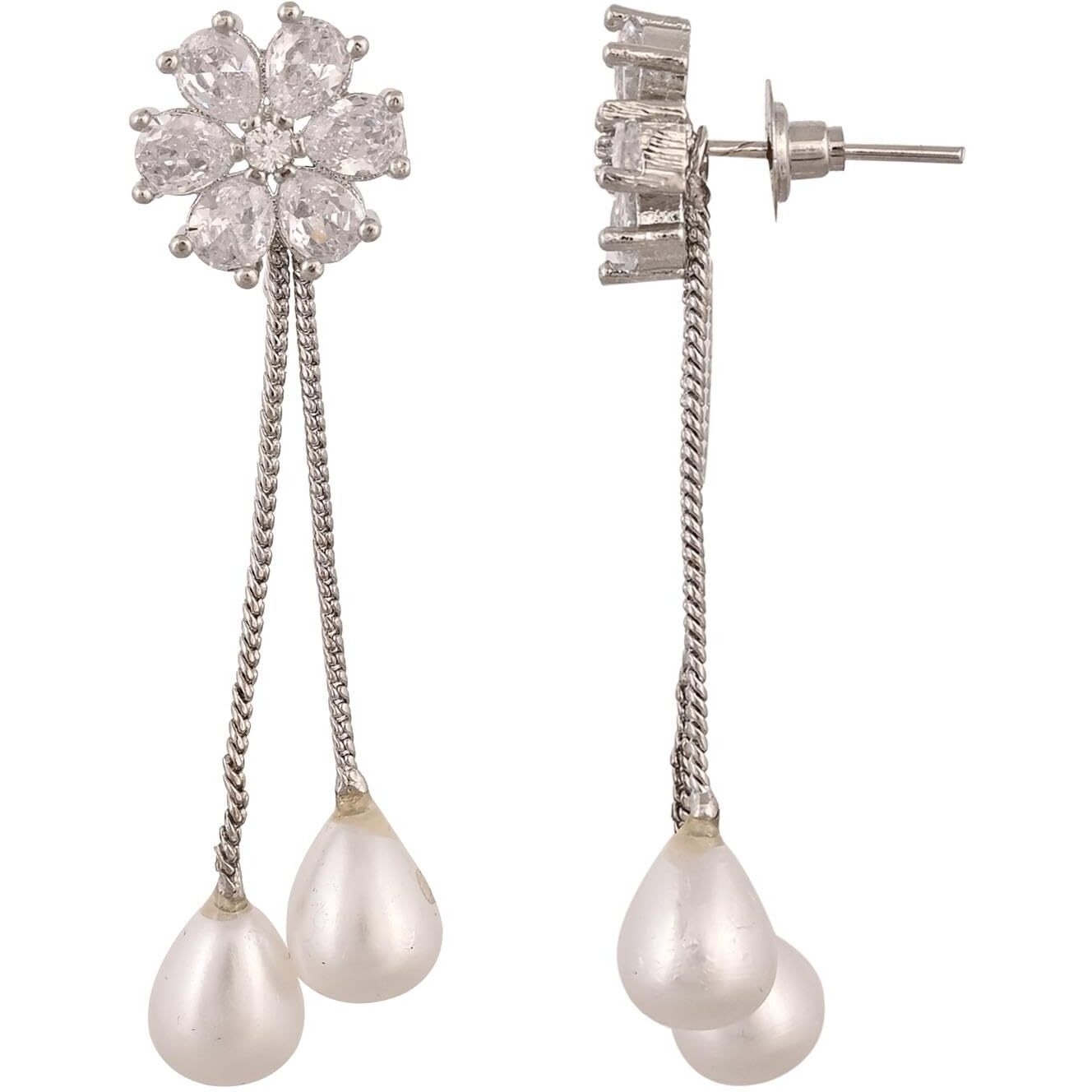 Ratnavali Jewels Silver Plated Brass Sparkling White Red Green Blue Pearl Red Pink Mint Dangle and Drop Earrings Top for Women and Girls (RV2966SP-6, Silver)