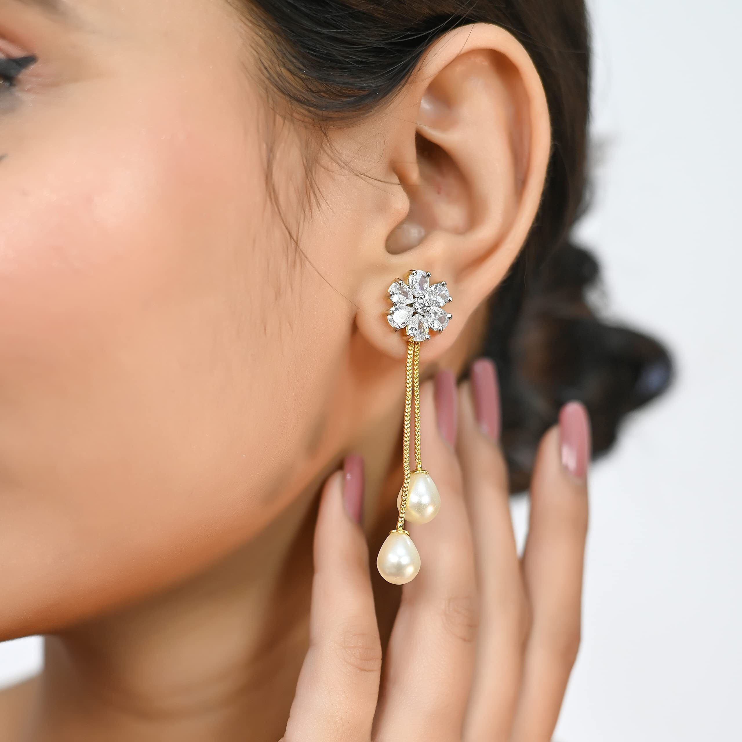 Ratnavali Jewels Fashion Jewellery Gold Plated Removable Pearl Dangle & Drop Earrings Tops Women/Girls