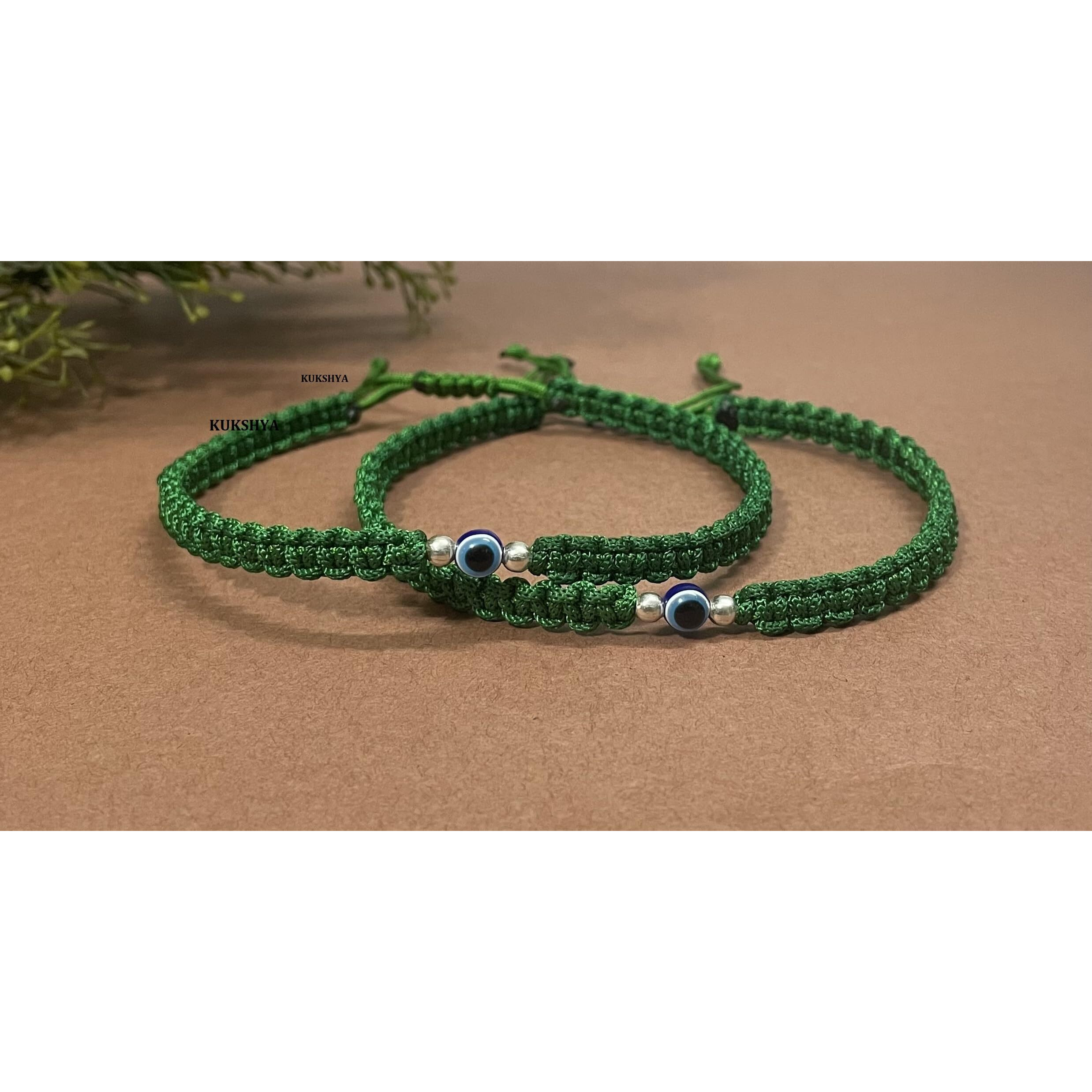KUKSHYA JEWELLERS Exclusive 925 Sterling Silver 2 Ball + Evil Eye Charm Thread(Dhaga) Nazariya Anklet Adjustable| Nazar Battu | For Women & Girls 2 Piece (TP 094) (GREEN)
