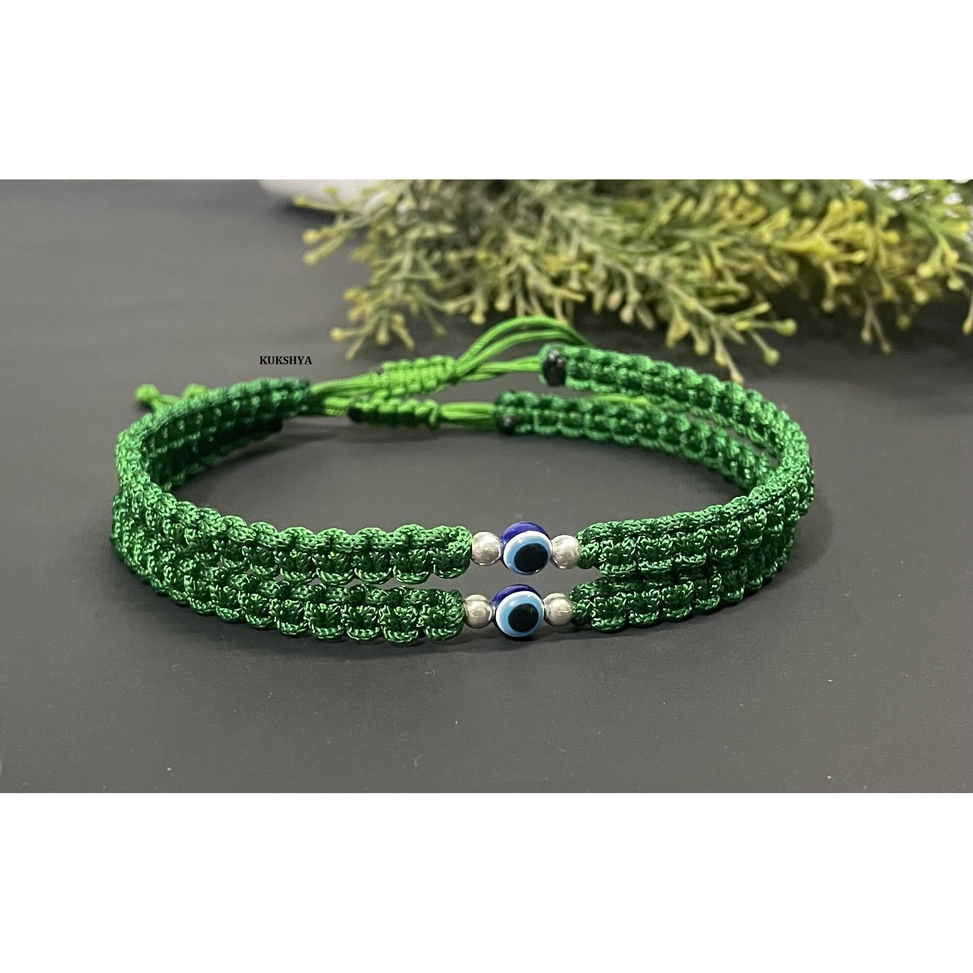 KUKSHYA JEWELLERS Exclusive 925 Sterling Silver 2 Ball + Evil Eye Charm Thread(Dhaga) Nazariya Anklet Adjustable| Nazar Battu | For Women & Girls 2 Piece (TP 094) (GREEN)