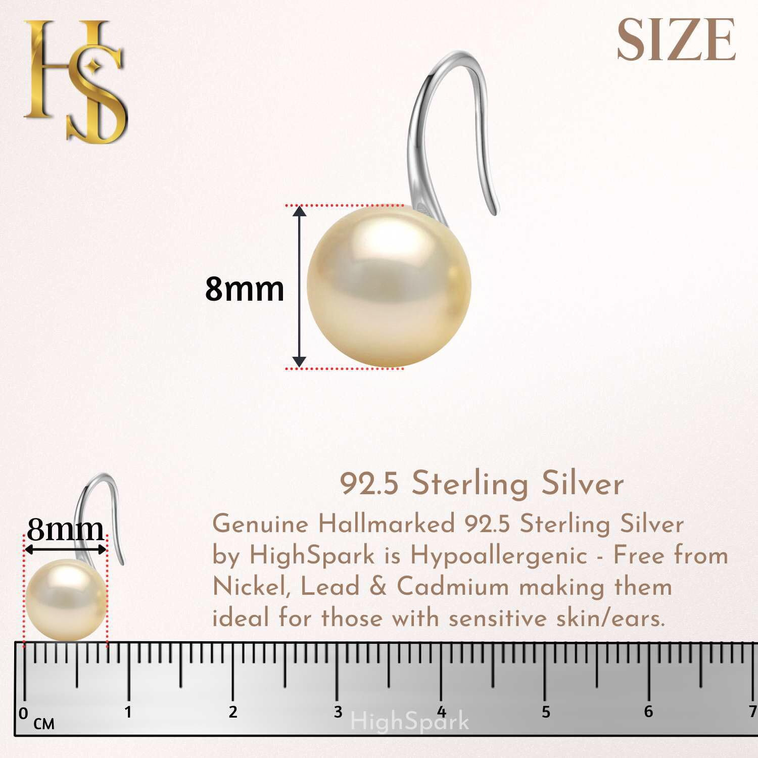 HIGHSPARK 925 Silver Stylish Pearl Earrings for Women | 92.5 Sterling Silver & Brilliant Lustre Pearls | Lovely Gift - Light Gold
