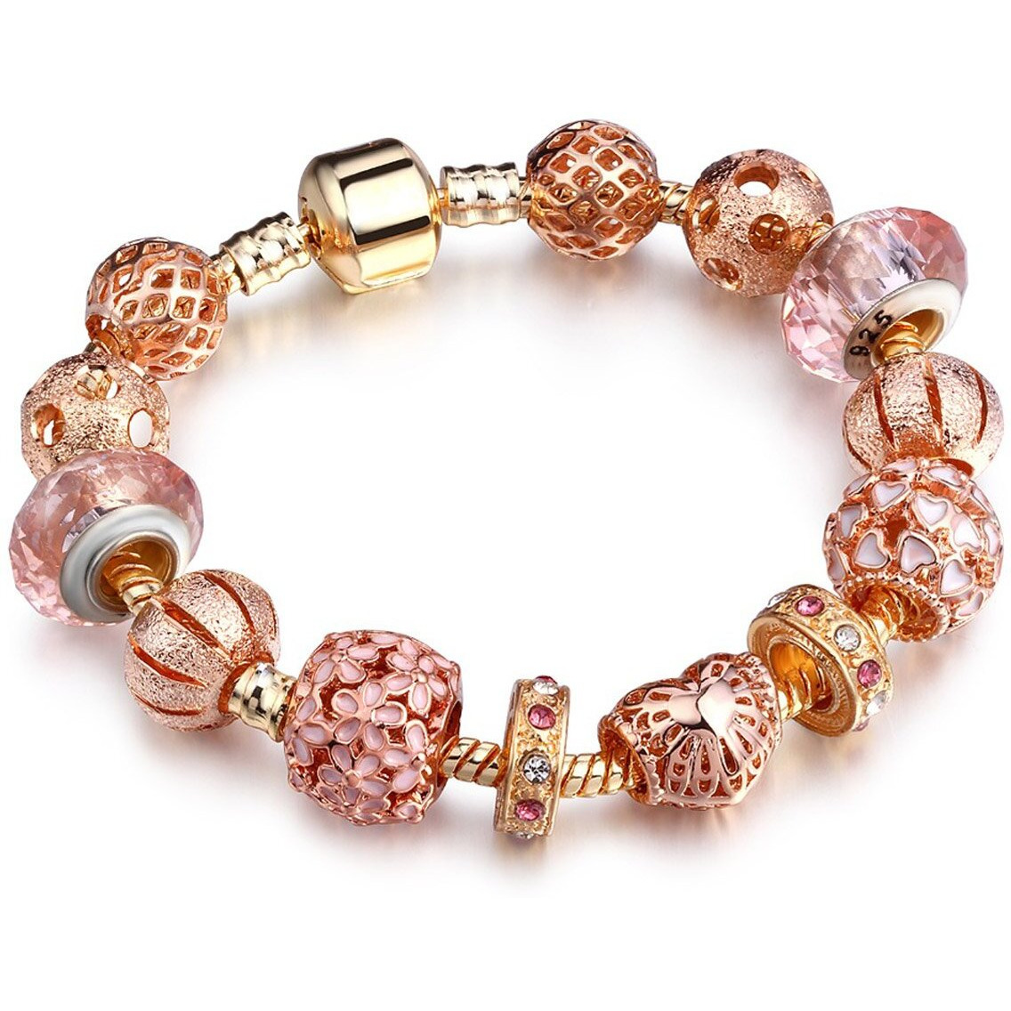Young & Forever Gift Charismatic Charms Pink Murano Glass Crystal Bead enemal Gold Rose Gold Cubic Zirconia Heart Charm Bracelets for Women/Girls Daily Fashion Jewelry