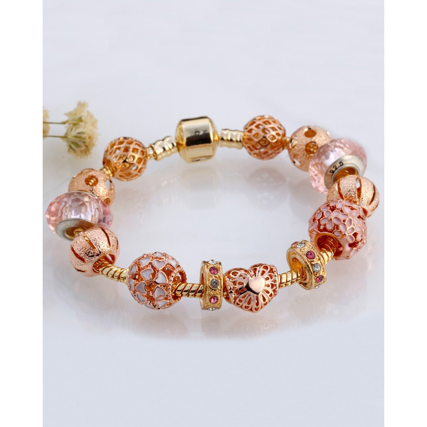 Young & Forever Gift Charismatic Charms Pink Murano Glass Crystal Bead enemal Gold Rose Gold Cubic Zirconia Heart Charm Bracelets for Women/Girls Daily Fashion Jewelry