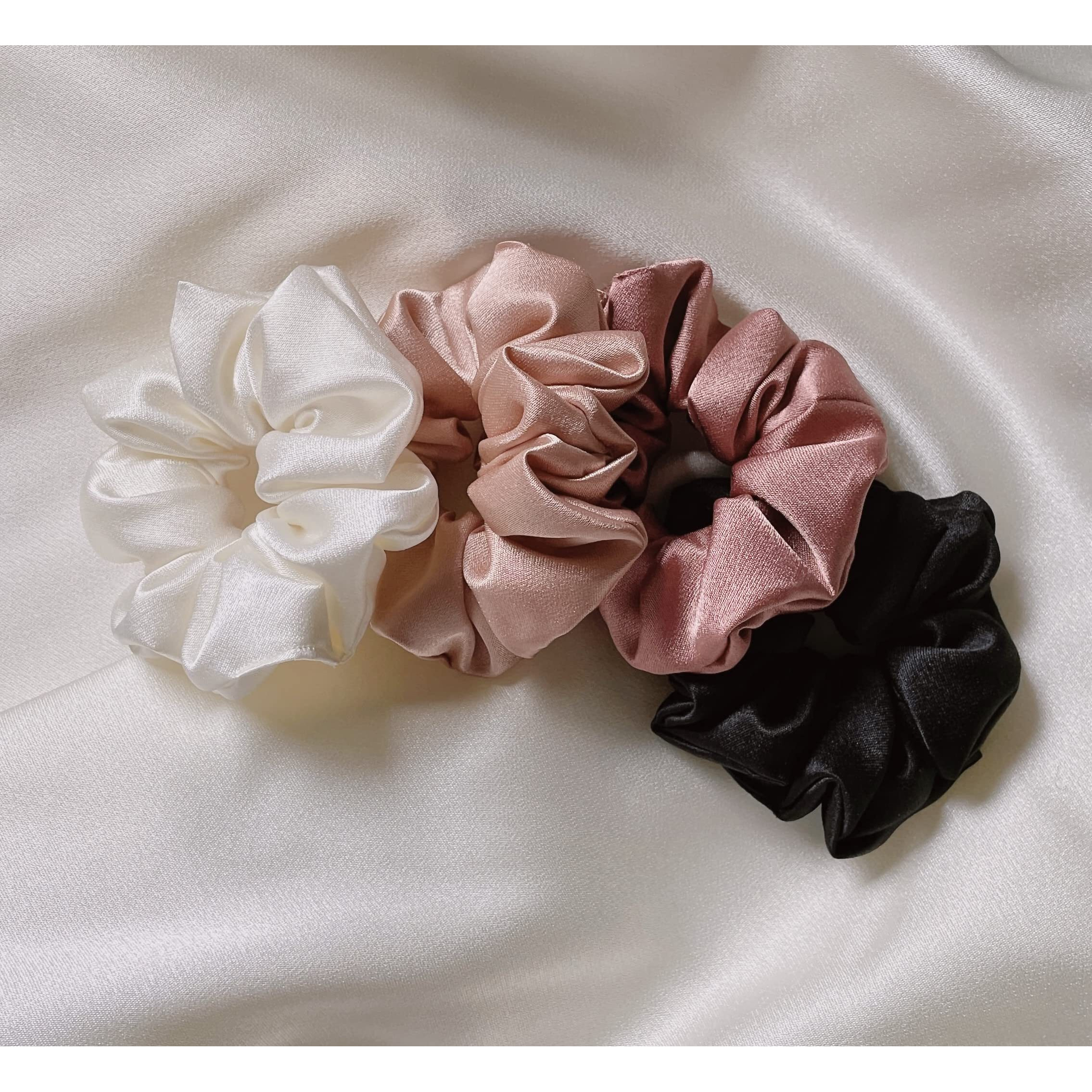 Mueras Hair Satin Scrunchies Pack of 4 Multicolor Silk Scrunchies Set for Hairs, Perfect Hair Band, Ponytail and Hair Ties Accessories for Girls, Women and Kids (White, Rosegold, Dark Pink and Black)