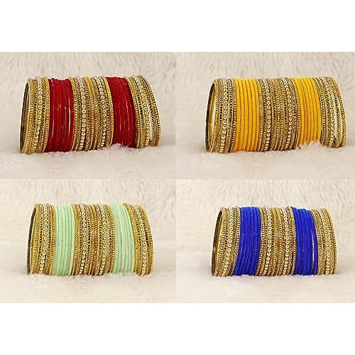 NMII Multicolour Glass with Zircon Stone, Pearls and Golden Ballchain Studded Fancy Velvet Bangles Set For Womens and Girls | Stylish Glass Bangles Set- Pack of 128 Bangles, (MultiColour-2.2 Inches)