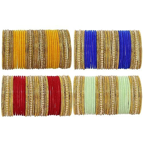 NMII Multicolour Glass with Zircon Stone, Pearls and Golden Ballchain Studded Fancy Velvet Bangles Set For Womens and Girls | Stylish Glass Bangles Set- Pack of 128 Bangles, (MultiColour-2.2 Inches)