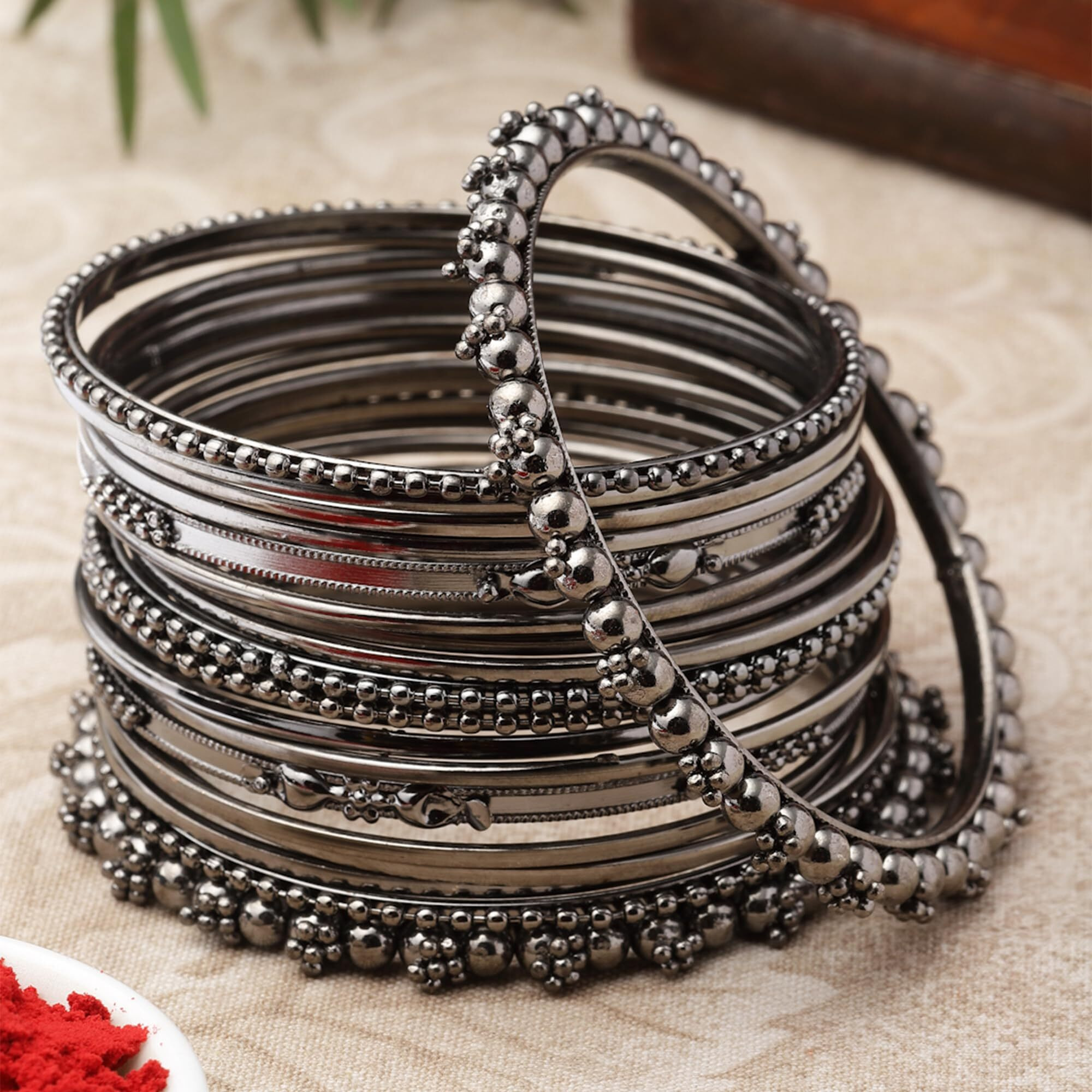 ZENEME Oxidised Silver-Plated Textured Bangles Jewellery Set for Girls and Women (2.4 Inch) (Black, 2.4 Inches)