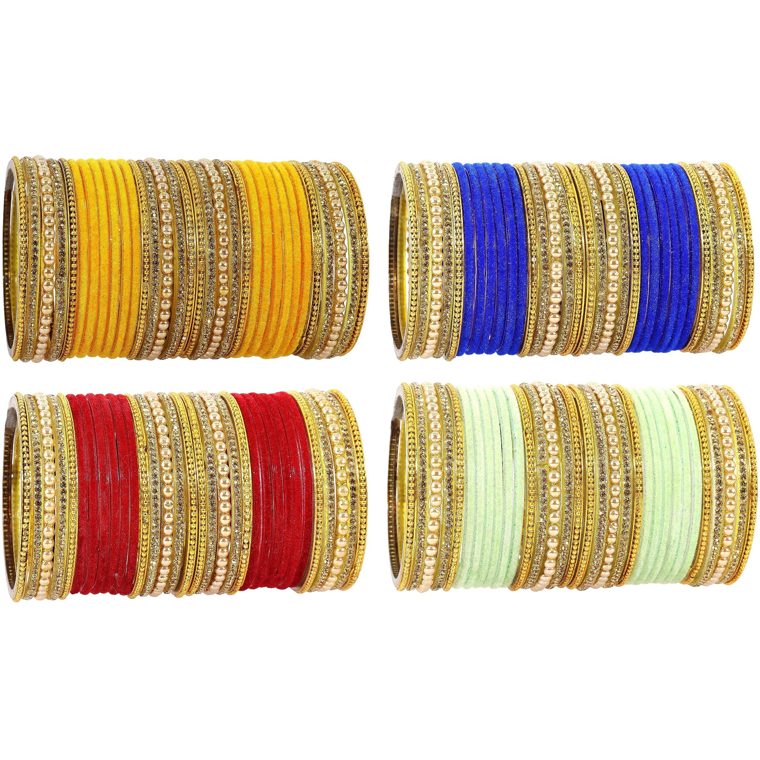 NMII Multicolour Glass with Zircon Stone, Pearls and Golden Ballchain Studded Fancy Velvet Bangles Set For Womens and Girls | Stylish Glass Bangles Set- Pack of 128 Bangles, (MultiColour-2.4 Inches)