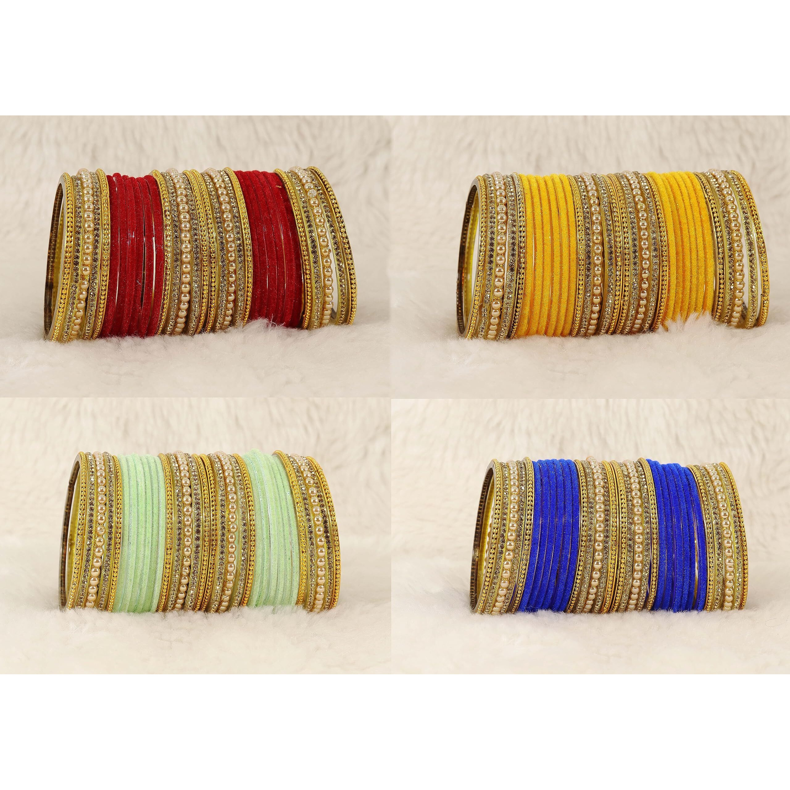 NMII Multicolour Glass with Zircon Stone, Pearls and Golden Ballchain Studded Fancy Velvet Bangles Set For Womens and Girls | Stylish Glass Bangles Set- Pack of 128 Bangles, (MultiColour-2.4 Inches)