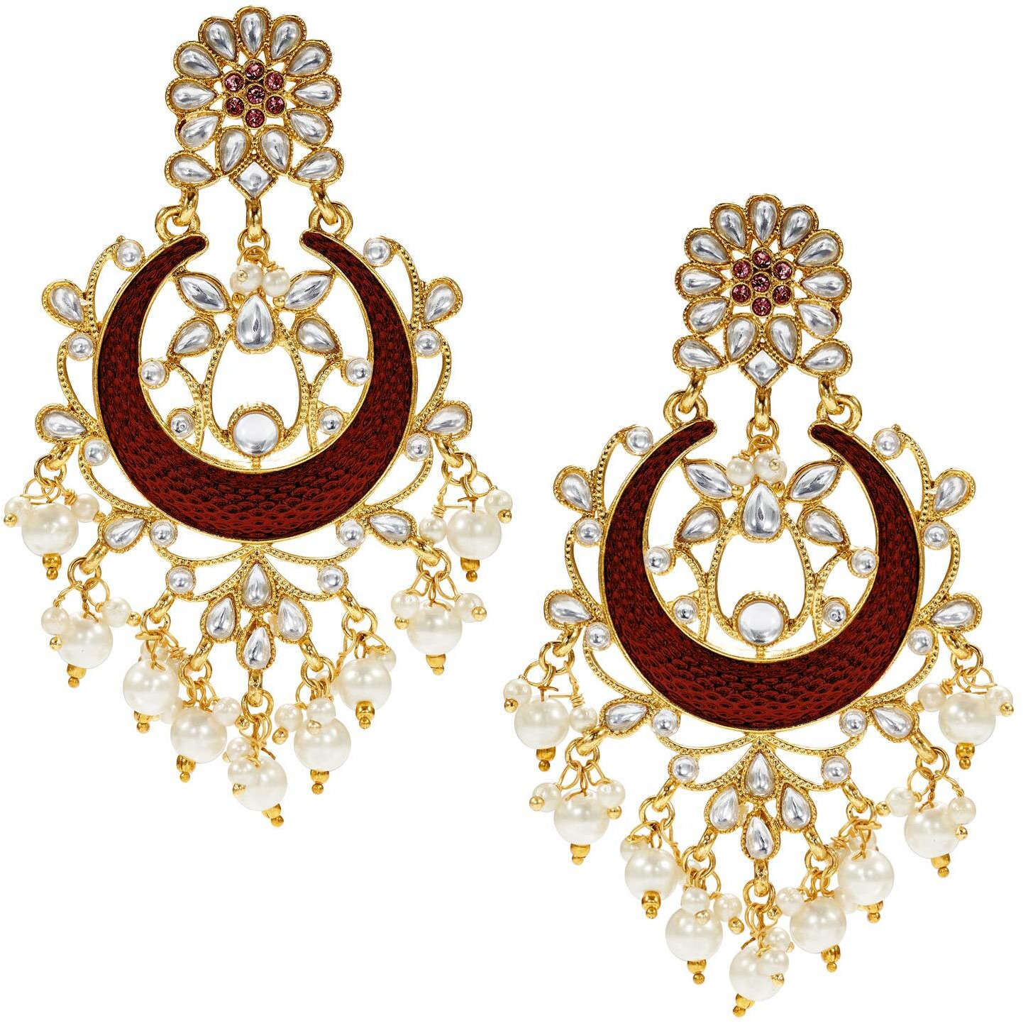 Peora Gold Plated Brass Traditional Jewellery Kundan Pearl Golden Chandbali Earrings for Women Girls (Maroon)|Rakhi Rakshabandhan Gift for Sister Bhabhi, Gifts for Women