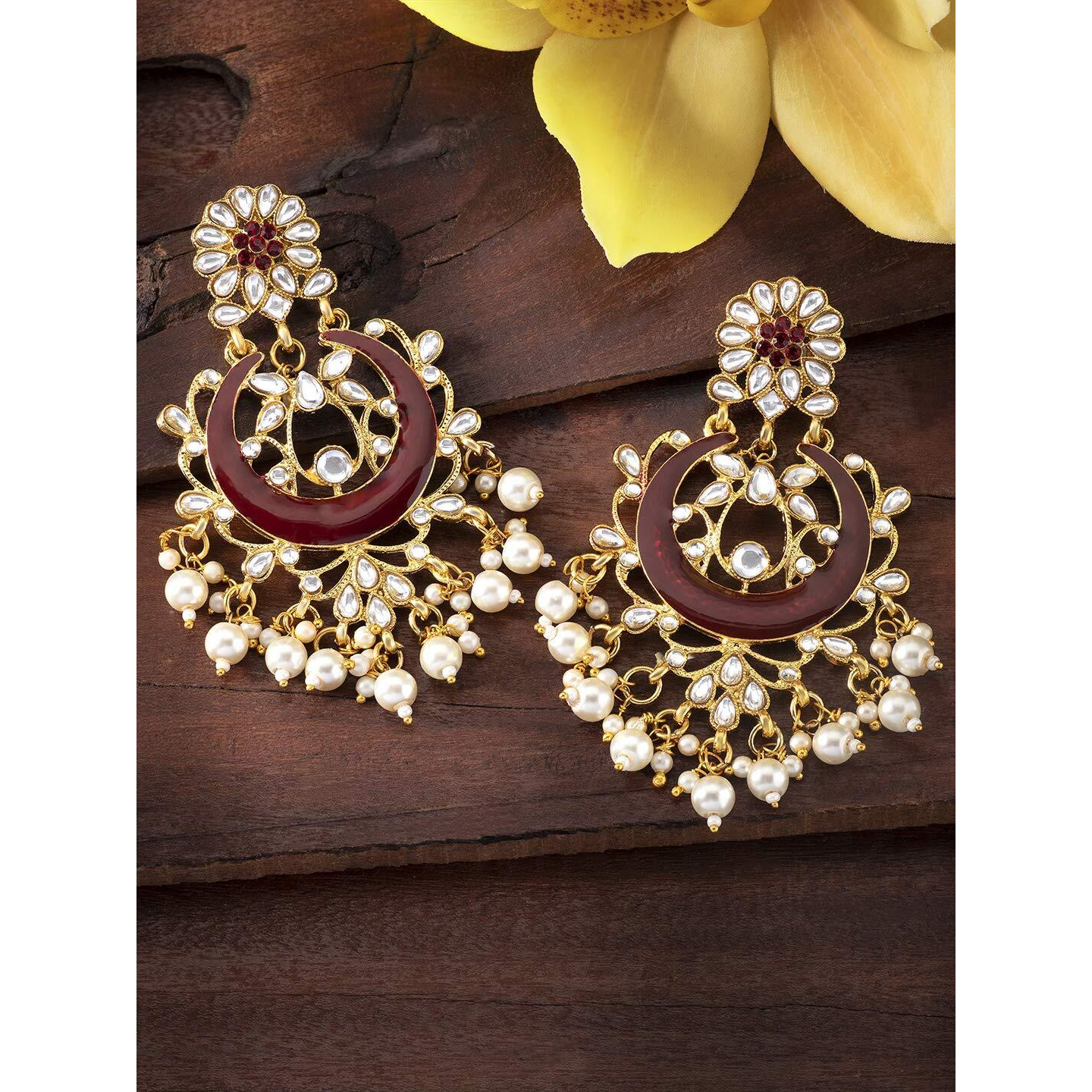 Peora Gold Plated Brass Traditional Jewellery Kundan Pearl Golden Chandbali Earrings for Women Girls (Maroon)|Rakhi Rakshabandhan Gift for Sister Bhabhi, Gifts for Women