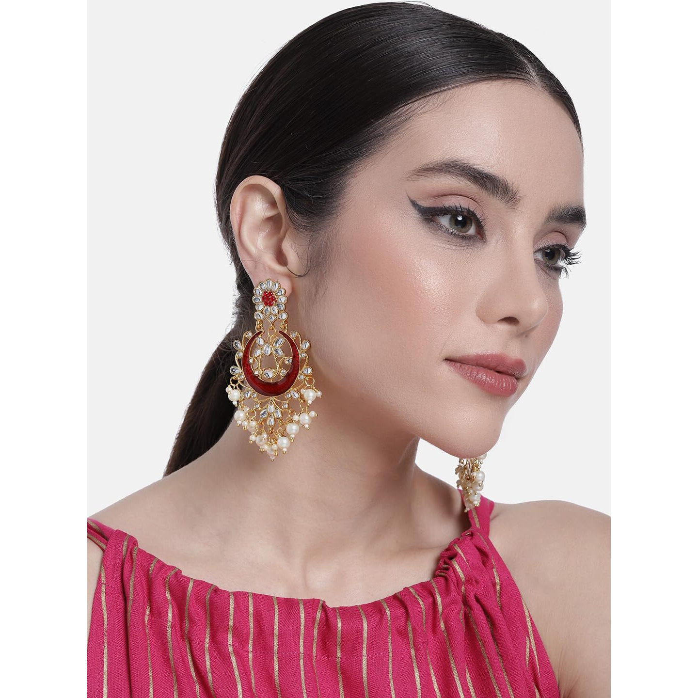 Peora Gold Plated Brass Traditional Jewellery Kundan Pearl Golden Chandbali Earrings for Women Girls (Maroon)|Rakhi Rakshabandhan Gift for Sister Bhabhi, Gifts for Women