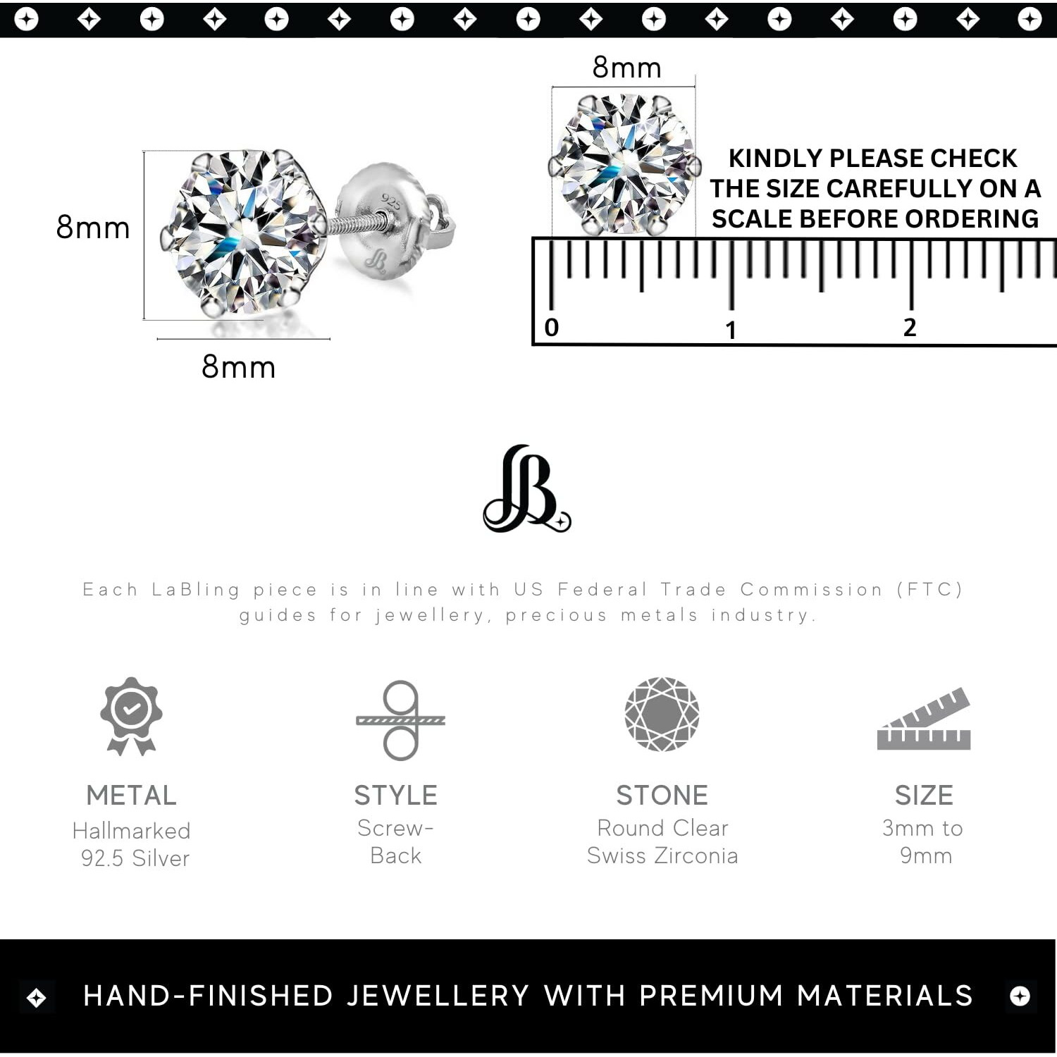 LaBling 925 Sterling Silver Screwback Stud Earrings Round Brilliant Cut Zirconia Tops for Men, Women - Silver 8mm