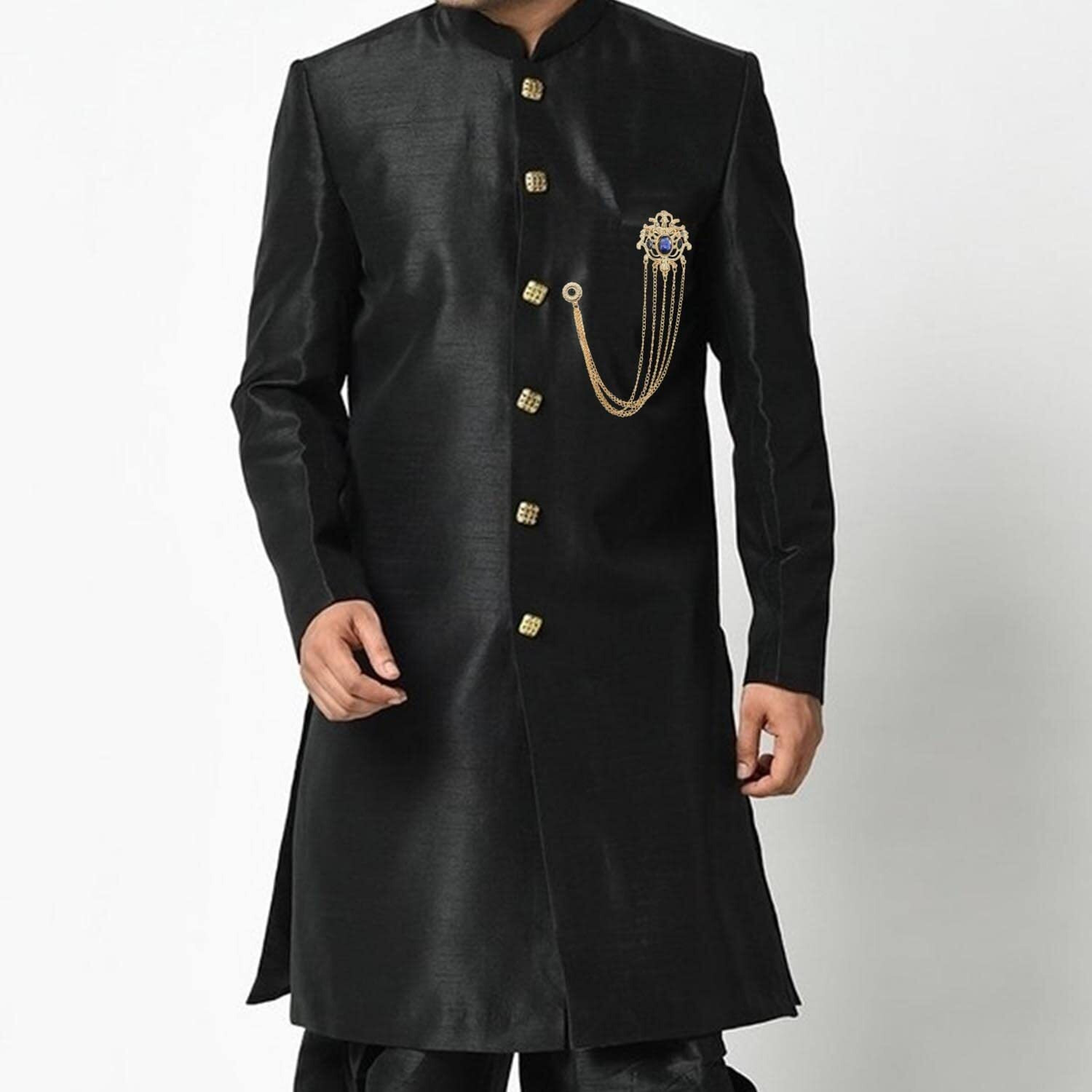 Adorn 5 Layers Floral Chain Brooch with Glittering Navy Blue Rhinestone Sherwani/Kurta Brooch fro Mens (B1940NB)