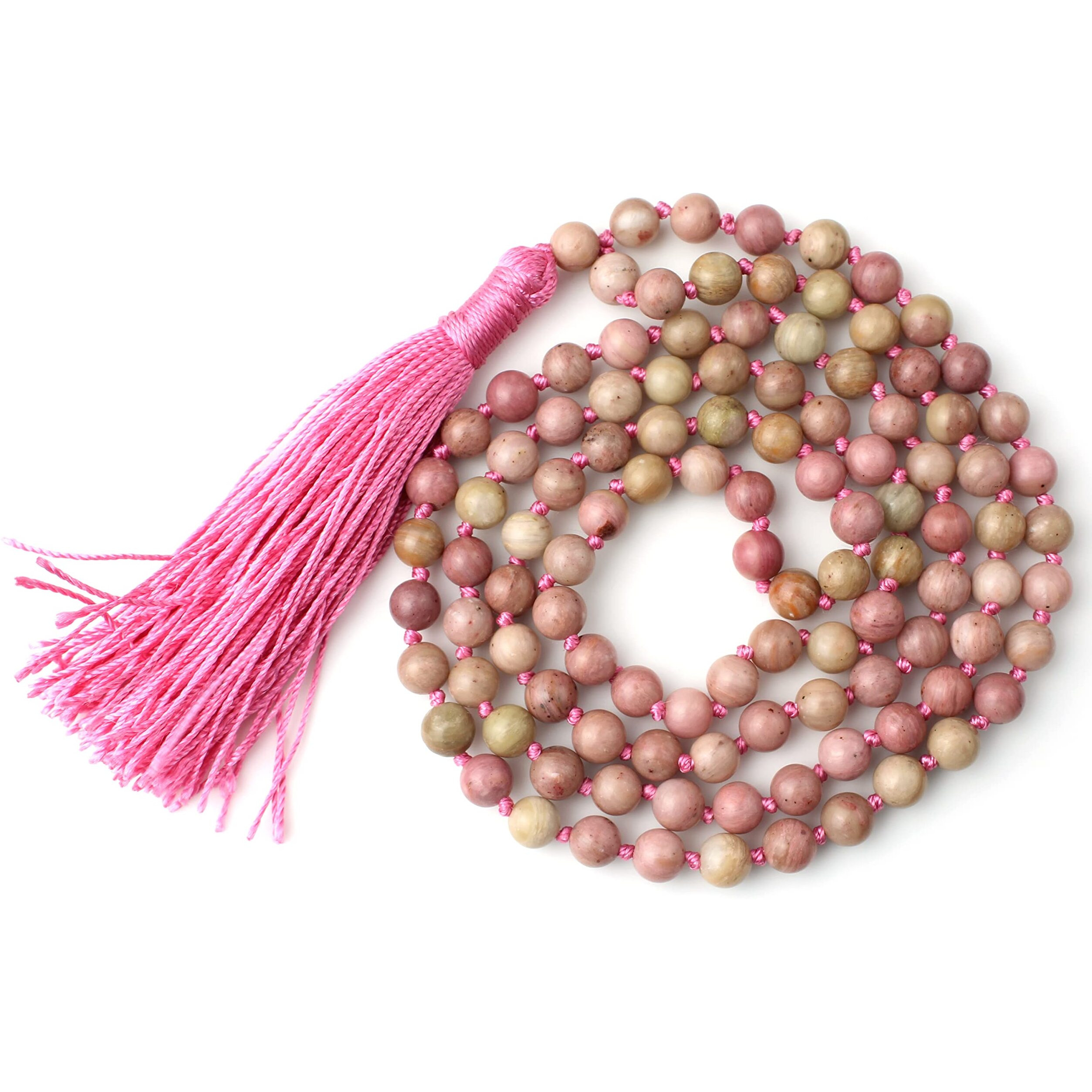 Remedywala Certified Rhodochrosite Crystal Mala 6MM, Pink Tussel