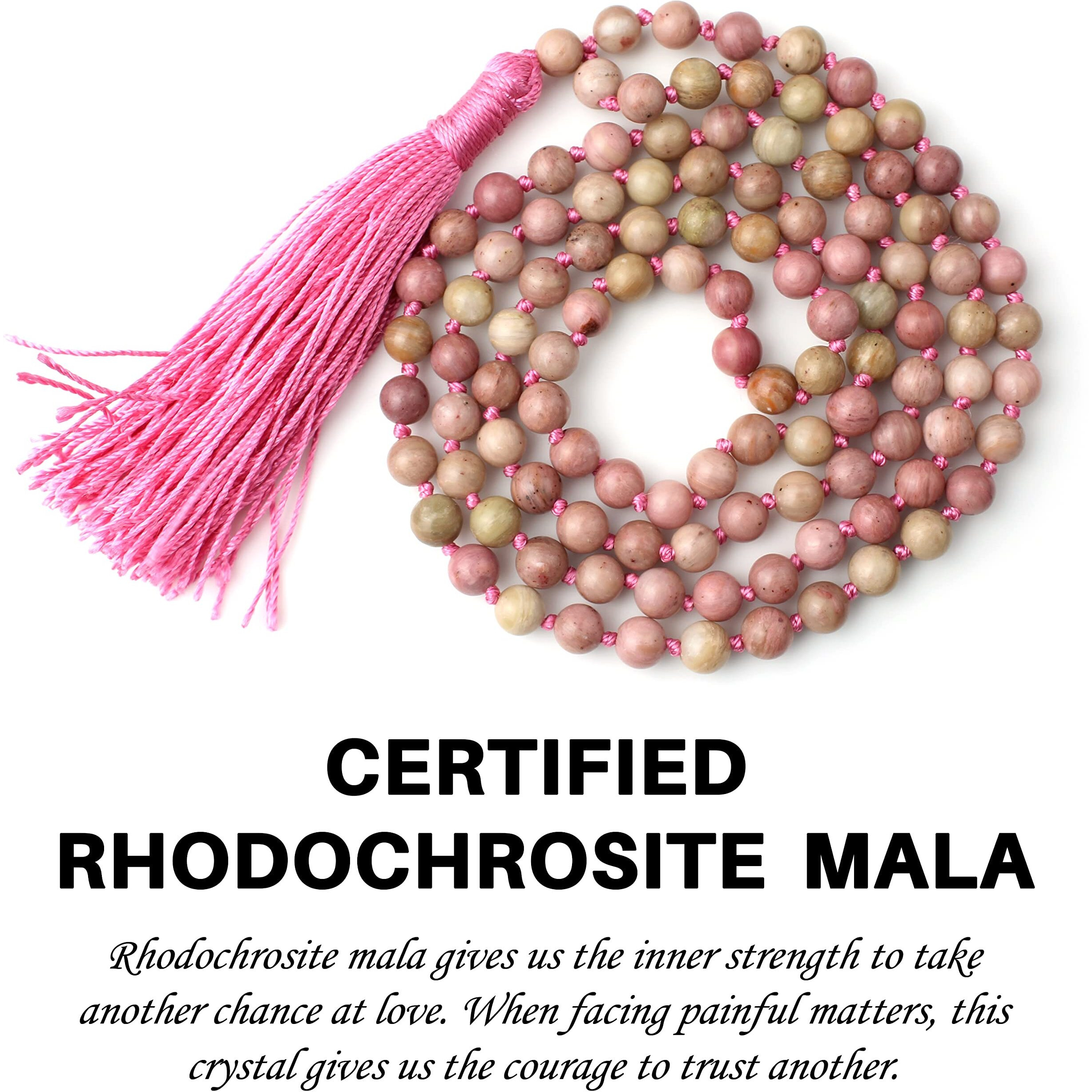 Remedywala Certified Rhodochrosite Crystal Mala 6MM, Pink Tussel