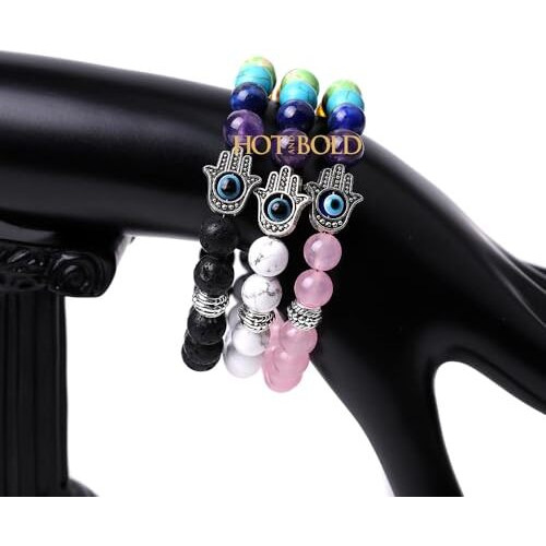 Triple Protection Gemstone Bracelets with Hamsa Hand & Evil Eye Charms - Natural Stones for Balance and Warding Off Negativity. (7 Chakra Howlite Hamsa Evil Eye Bracelet)